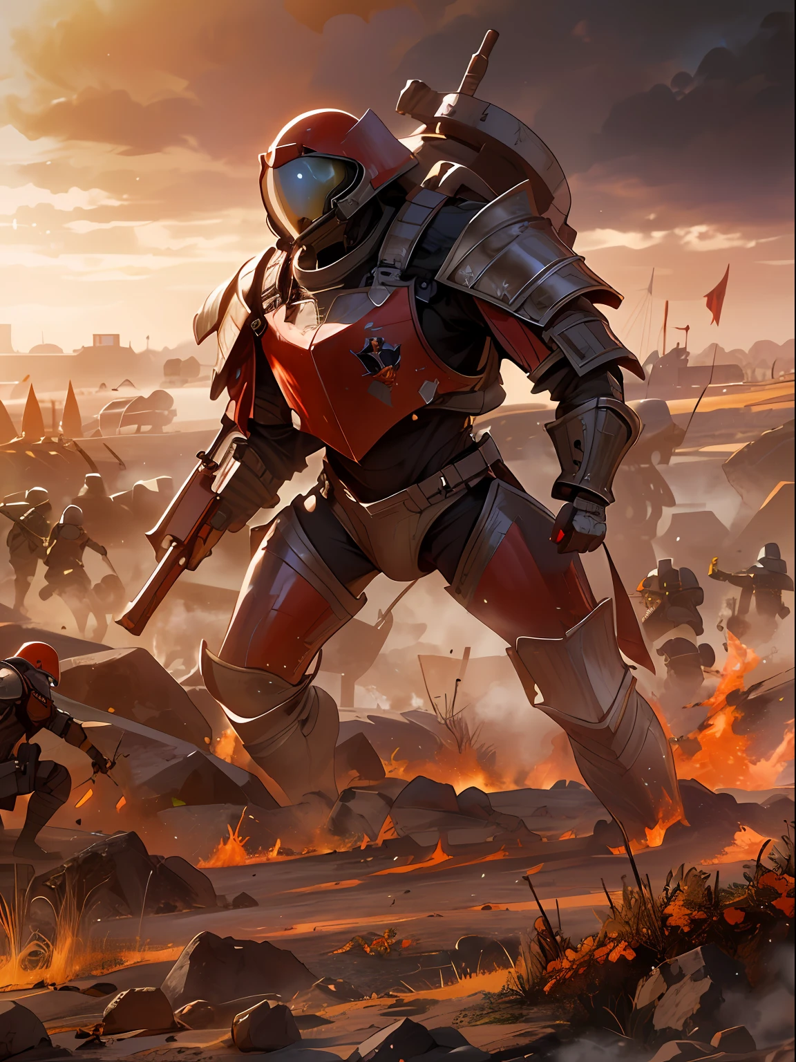 Future Battlefield, Alien Civilization War, Gunsmoke fills, A red flag was planted on a small mound, A soldier in armor, full armour, The background is the army of the SA, The picture is stunning, Magnificent, Magnificent, in the style of futuristic, Ultra-wide angle, Masterpiece, ccurate, Anatomically correct, Super detail, Award-Awarded