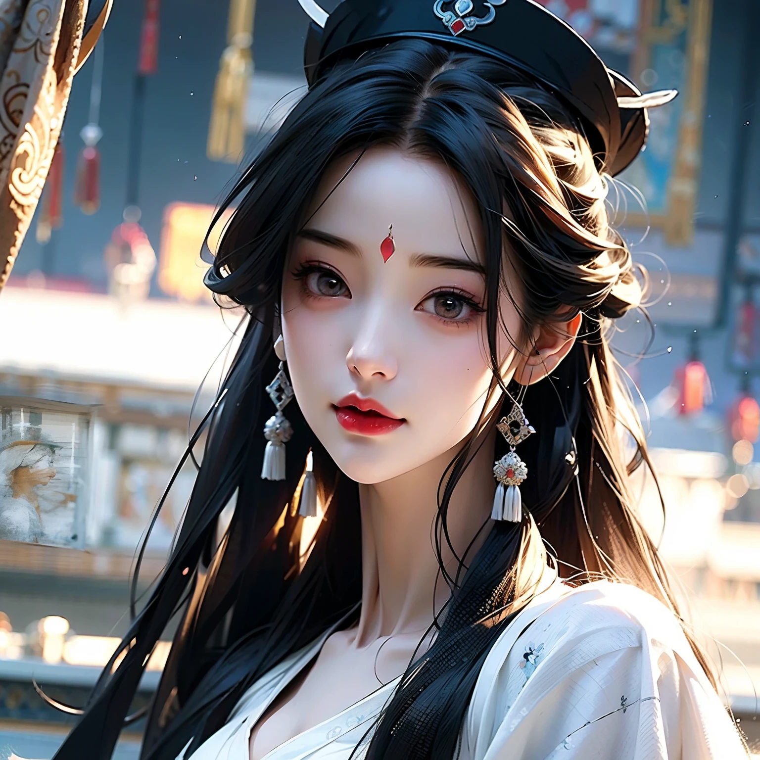 long whitr hair,Anime girl with white shirt and black hat, a beautiful anime portrait, Beautiful character painting, Guviz-style artwork, Guviz, Stunning anime face portrait, beautiful drawing style, Beautiful anime style, Beautiful anime girl, Chinese girl, traditional drawing style, Beautiful anime face, cute delicate face, Portrait of an anime girl