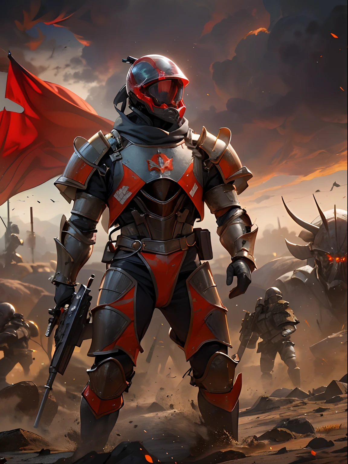 Future Battlefield, Alien Civilization War, Gunsmoke fills, A red flag was planted on a small mound, A soldier in armor, full armour, The background is the army of the SA, The picture is stunning, Magnificent, Magnificent, in the style of futuristic, Ultra-wide angle, Masterpiece, ccurate, Anatomically correct, Super detail, Award-Awarded