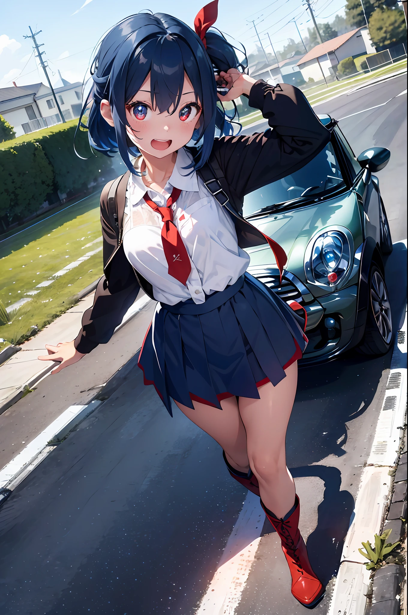 (top-quality、in 8K、32K、masterpiece、nffsw、ighly detailed、Photorealsitic:1.2)、dynamic ungle、Full body, (Circuit field、sports car on the background、Mini:1.4)、sunlights、deep-shadows、Realistic pupils、Sharp pupils、detailed faces and eyes、beauitful face、18Old Beautiful Girl、shinny skin, Beautiful blue hair、Twin-tailed、Red Eyes、beauitful face、Bright lace queen outfit、a miniskirt、Wearing boots、Absolute area、Tie your hair with a big red ribbon、Curve、raise arms、Opens mouth and laughs、dynamicposes、