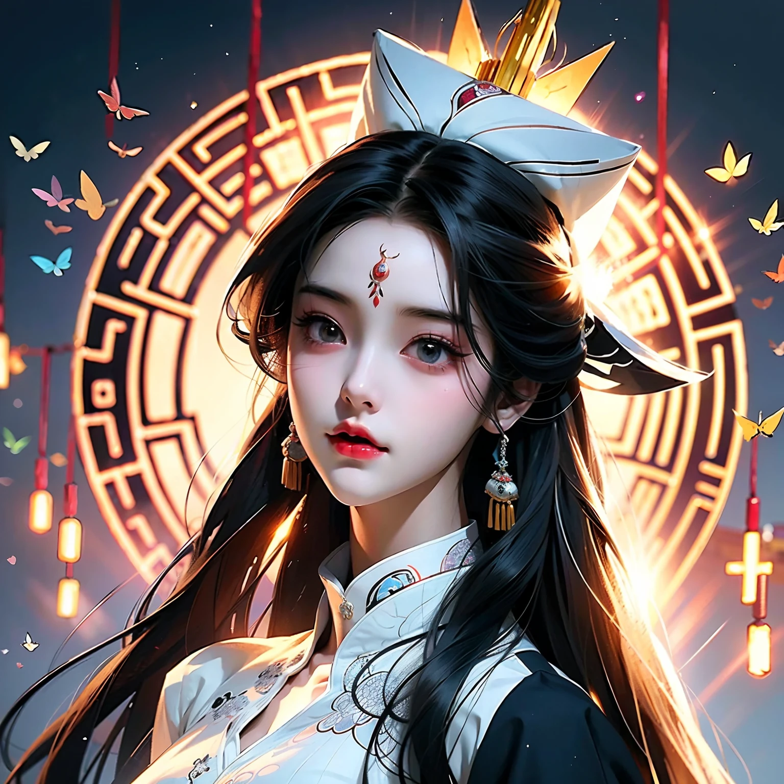 long whitr hair，Anime girl with white shirt and black hat, a beautiful anime portrait, Beautiful character painting, Guviz-style artwork, Guviz, Stunning anime face portrait, beautiful drawing style, Beautiful anime style, Beautiful anime girl, Chinese girl, traditional drawing style, Beautiful anime face, cute delicate face, Portrait of an anime girl