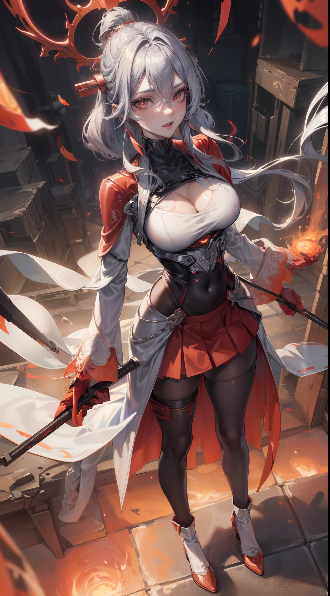 bright silver futuristic goddess girl in coverall ((bloody-red pleated skinny suit)) with (golden lines) accents (((skirt))) (((goddess robe with long sleeves))) with fireball, (crop robe), (runes on skin), epic, elite, ((lacy)), futurism, cyberpunk, silk, fur, (stockings), decollete, natural breasts, slim body, zettai ryouiki, ((((medium length hair)))), (two shades gradient silver-hair) and red highlight streak in hair, (beautiful detailed bright ((glowing)) flaming fire eyes), portrait, (beautiful and aesthetic:1.2, fractal art:1.4), most realistic, hyper-realistic, RAW, highest quality, best quality, Detailed, Realistic, 4k highly detailed digital art, octane render, bioluminescent, (cool_color), best pixels, 8k ultra, extremely detailed CG unity 8k wallpaper, cinematic lighting
