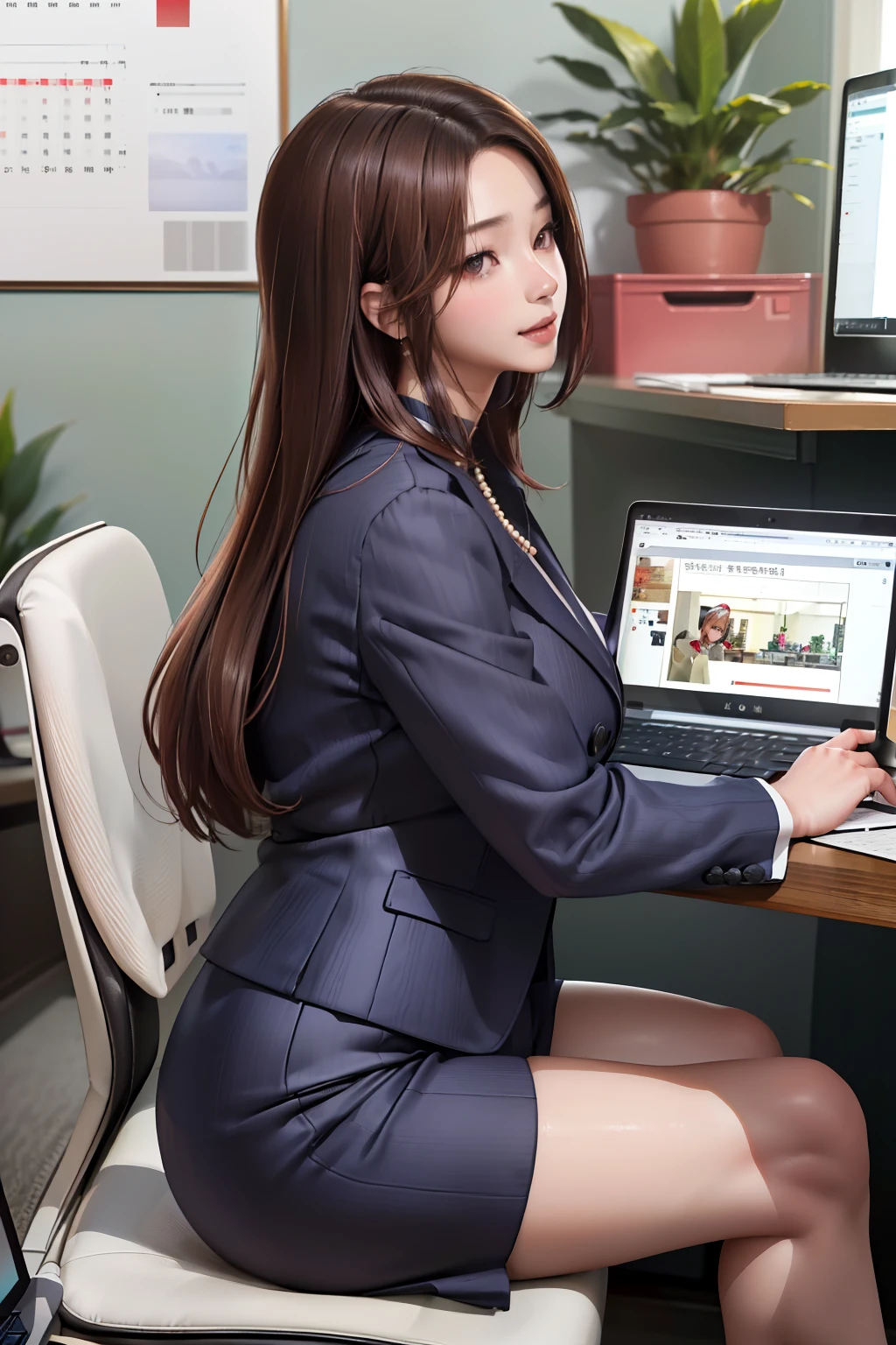 (masutepiece:1.3)、(8K、photographrealistic、RAW photography、top-quality: 1.4)、super definition、Anatomically correct、Textured skin、((((1girl in、Solo))))、（(For one person only))、Beautiful expression、（Realistic face）、Korean model(brunette color hair、Central partition、Long:1.3）、Chinese model(brunette color hair、Central partition、Long:1.3)、Korean is more spoken than Chinese、Realistic eyes、real looking skin、Beautiful details、Beautiful skins、A charming smile、超A high resolution、（Hyper-realistic）、Anatomically correct、Textured skin、sharp jawline、Perfect proportions 、（plump bust）、necklace,,(((suit))),Woman using laptop in office with book and plant background,working,in front of a computer,sitting in front of the computer,in a office,sitting in front of the computer, Sit at the keyboard table, people at work,(((taken from the side)))