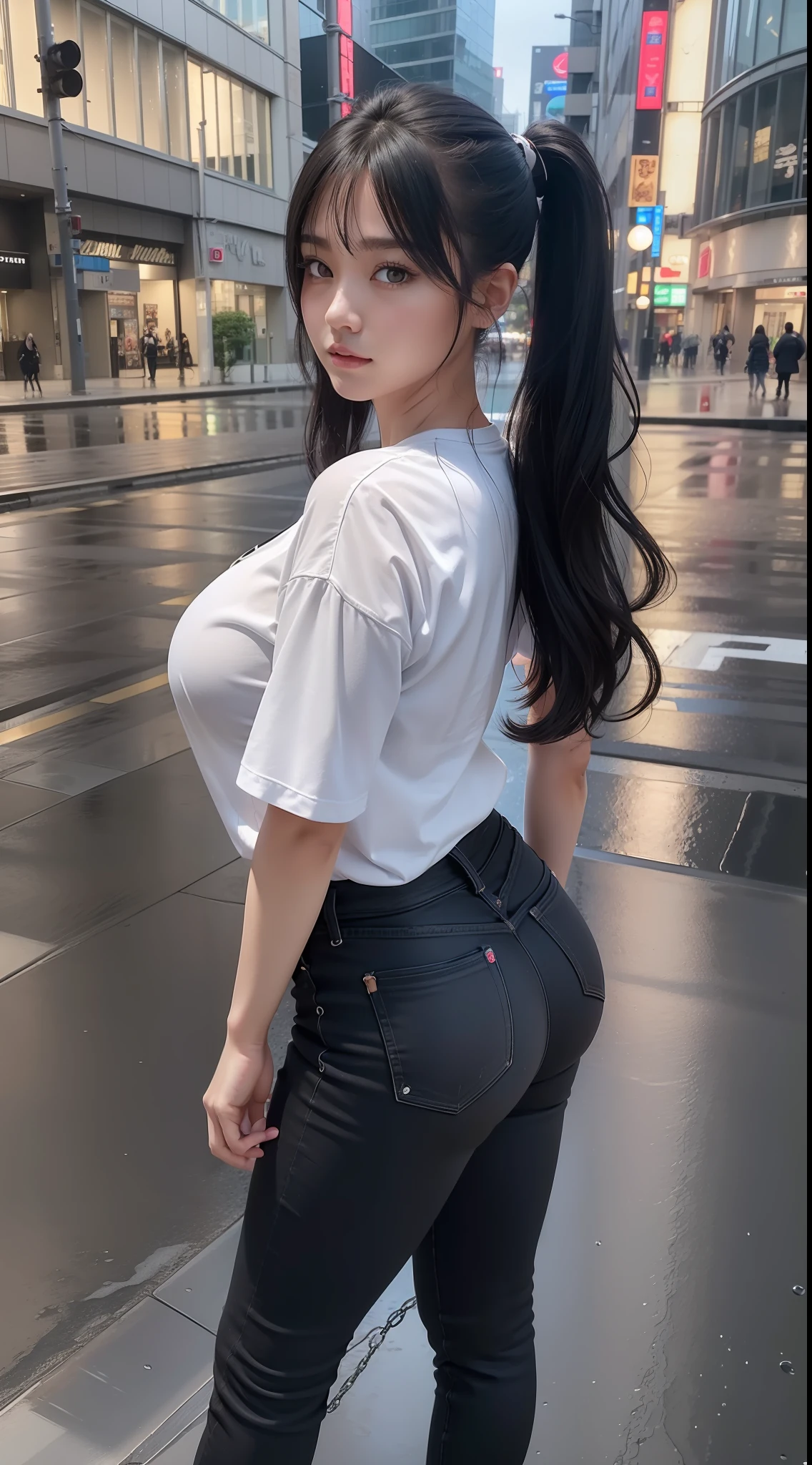 (8K), (High Quality), (Ultra realistic), (High Details), (Face detail), (Shadow Detail), ((25 years old)), 1 japanese adult, Black hair, ponytail, (((Gigantic huge breast : 1.15))), (Big butt), white shirt , grey jeans, tall body, black shoes, outdoor, stand, midnight, night, darkness, low lighting, rainy, rain, real rain, full body, look at the viewers