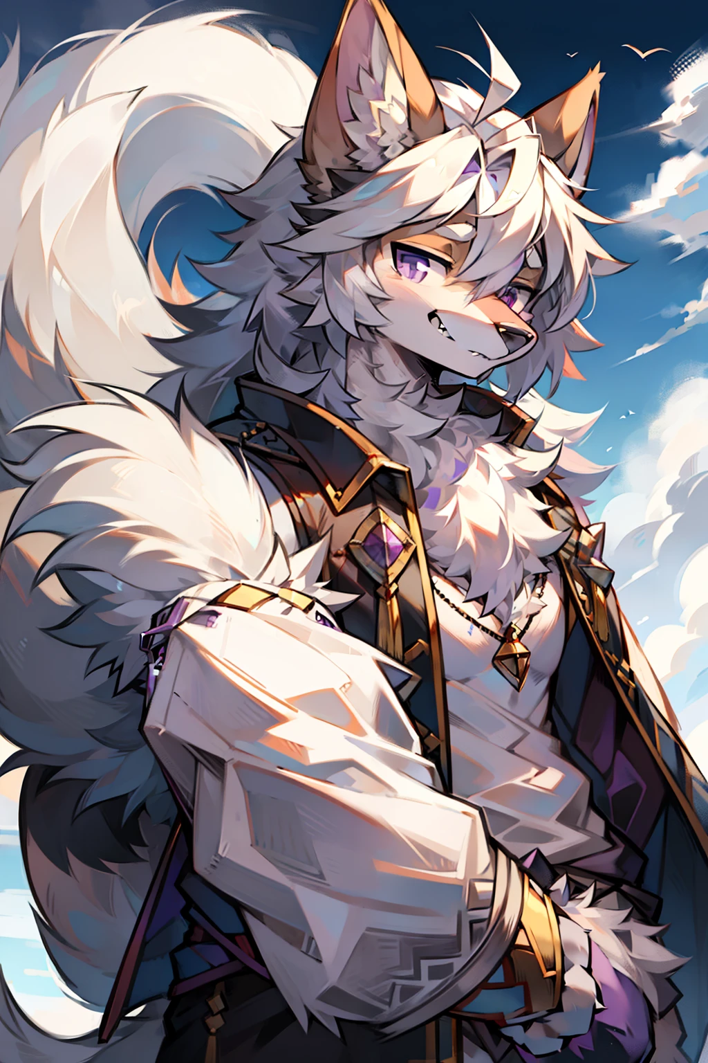 solo person，shaggy male，hairy bodies，shoun，coyote，canid，Gray fur，long  white hair，The ends of the hair are purple，Purple eye，Bullied，adolable，Handsome，large tail，full bodyesbian，Stand on the clouds，Immortals，Deities