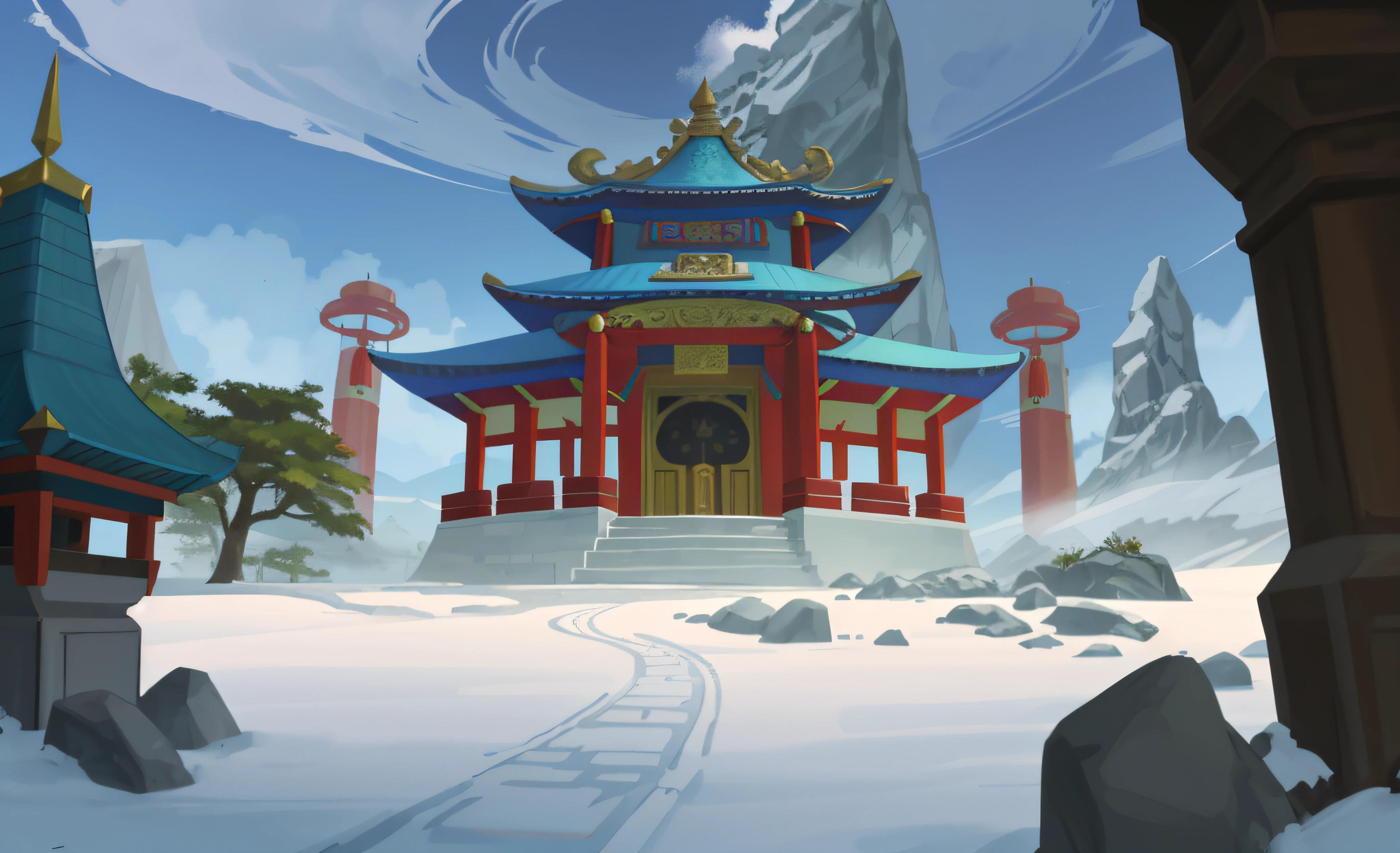 illustrated animation of a chinese temple in a spring mountain landscape, temple background, background depicting a temple, mysterious temple scene, background art, mountain dojo, legend of korra setting, palace background, onmyoji detailed art, cloud palace, Zen temple background, arena background, mobile game background, Odin stone arena background, World of Warcraft art style, there is a wave of blue heavenly power converging towards the center of the tower, leaving out the white sand background, golden sand background, war colors