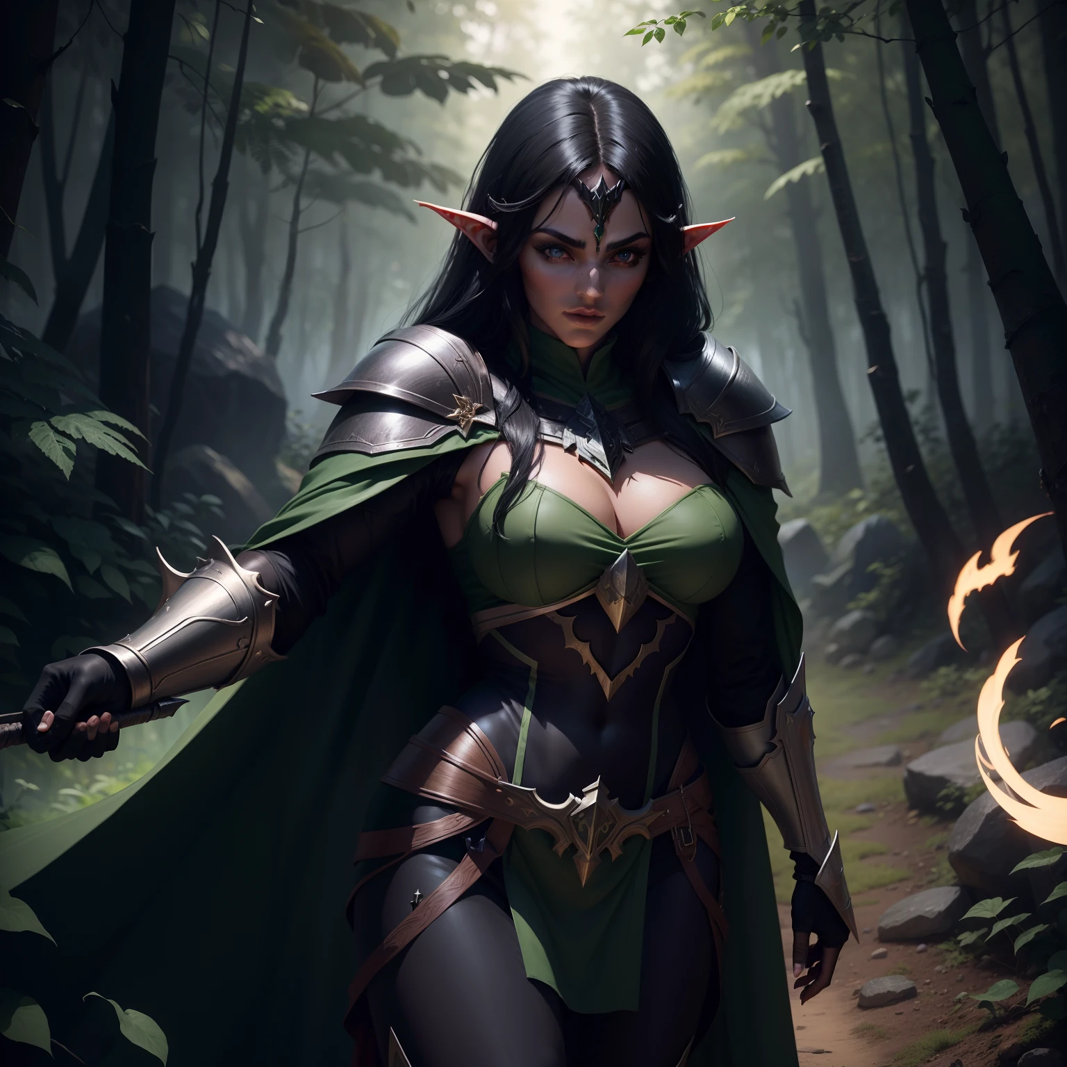 beautiful dark elf, pretty face, nice body, black hair, wearing armor, green cape, in a forest, at night, 8k, extremely detailed, ultra realistic