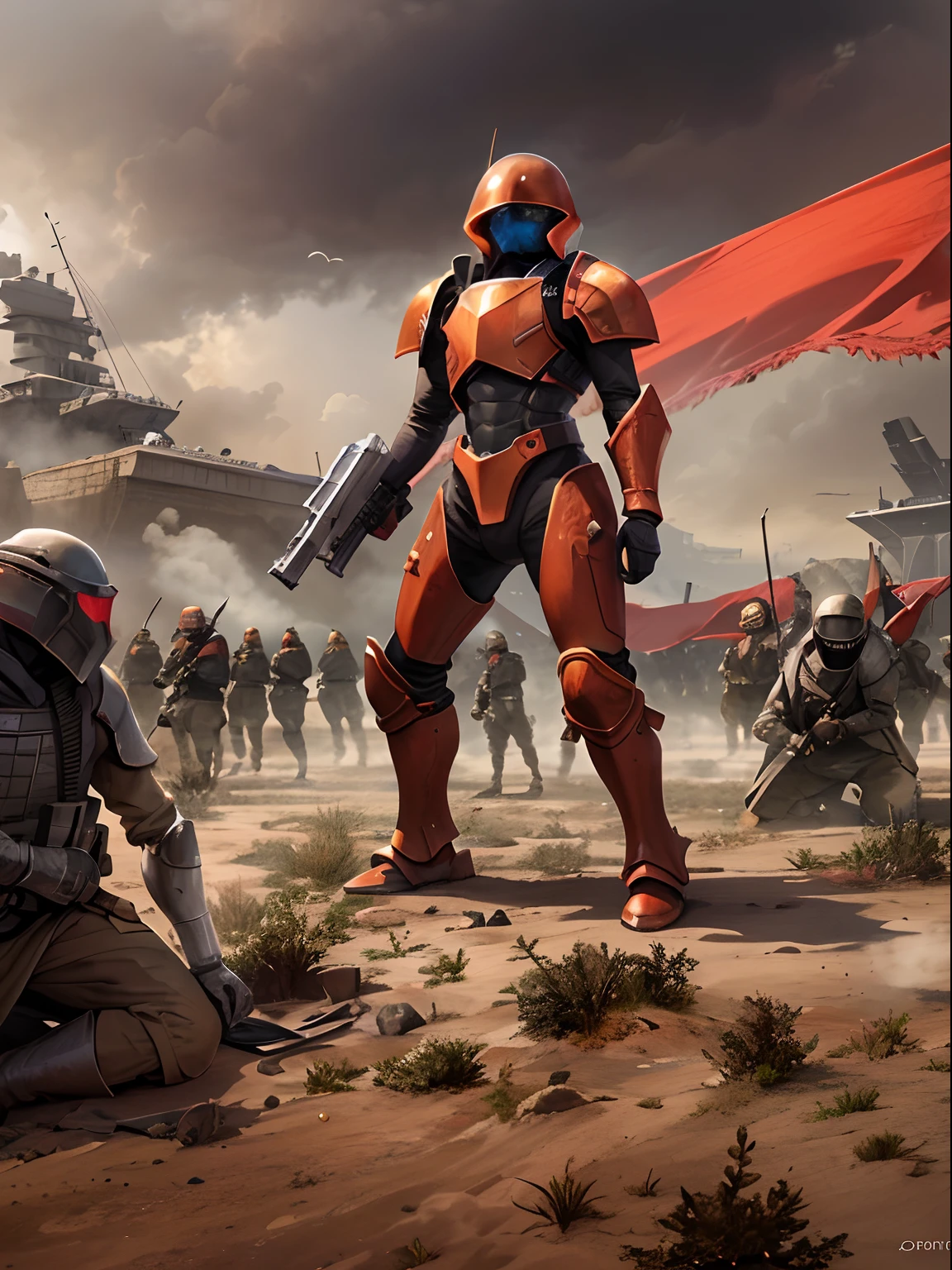 Future Battlefield, Alien Civilization War, Gunsmoke fills, A red flag was planted on a small mound, A soldier in armor, full armour, The background is the army of the SA, The picture is stunning, Magnificent, Magnificent, in the style of futuristic, Ultra-wide angle, Masterpiece, ccurate, Anatomically correct, Super detail, Award-Awarded