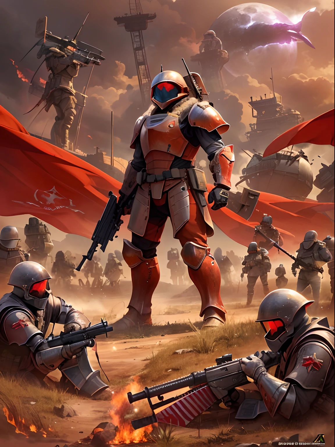 Future Battlefield, Alien Civilization War, Gunsmoke fills, A red flag was planted on a small mound, A soldier in armor, full armour, The background is the army of the SA, The picture is stunning, Magnificent, Magnificent, in the style of futuristic, Ultra-wide angle, Masterpiece, ccurate, Anatomically correct, Super detail, Award-Awarded