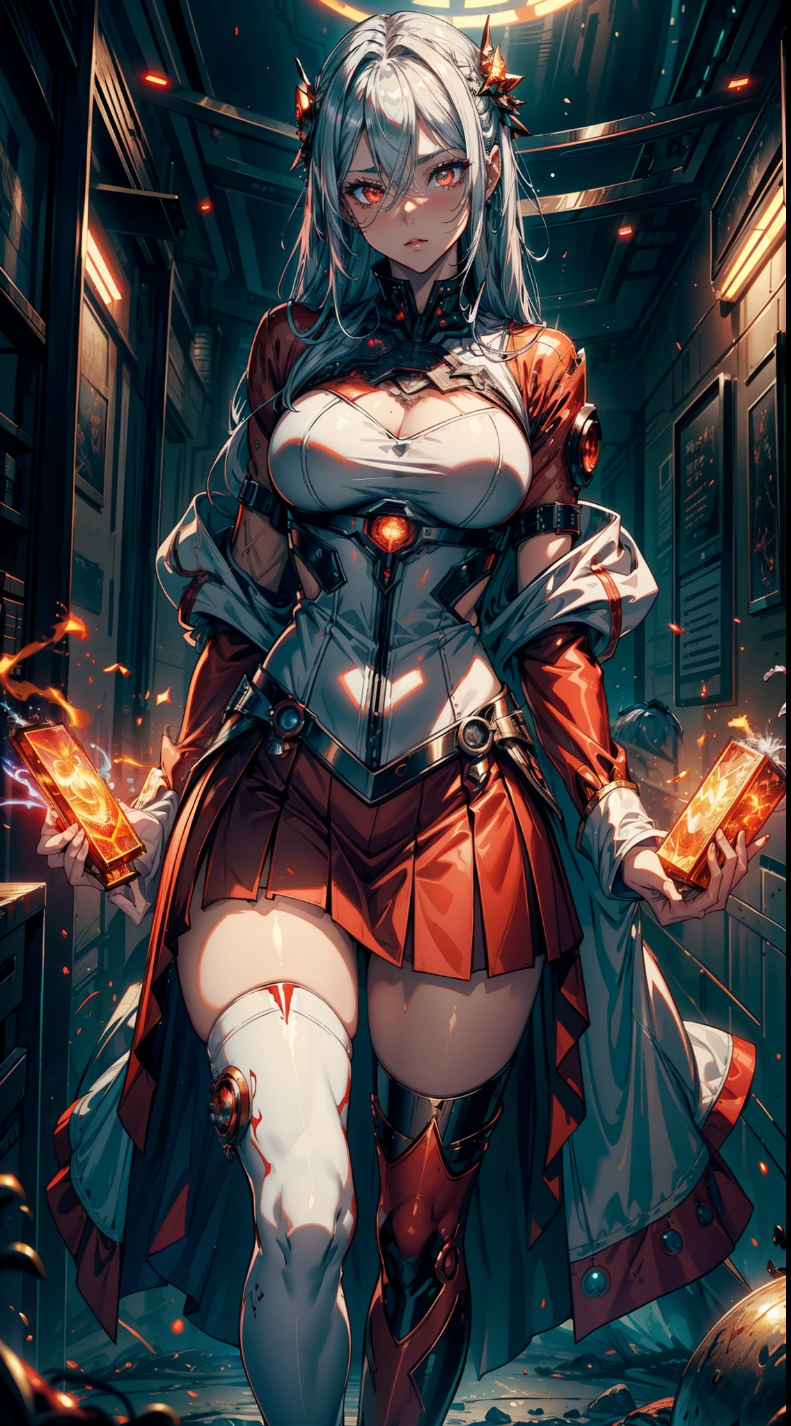 bright silver futuristic goddess girl in coverall ((bloody-red pleated skinny suit)) with (golden lines) accents (((skirt))) (((goddess robe with long sleeves))) with fireball, (crop robe), (runes on skin), epic, elite, ((lacy)), futurism, cyberpunk, silk, fur, (stockings), decollete, natural breasts, slim body, zettai ryouiki, ((((medium length hair)))), (two shades gradient silver-hair) and red highlight streak in hair, (beautiful detailed bright ((glowing)) flaming fire eyes), portrait, (beautiful and aesthetic:1.2, fractal art:1.4), most realistic, hyper-realistic, RAW, highest quality, best quality, Detailed, Realistic, 4k highly detailed digital art, octane render, bioluminescent, (cool_color), best pixels, 8k ultra, extremely detailed CG unity 8k wallpaper, cinematic lighting