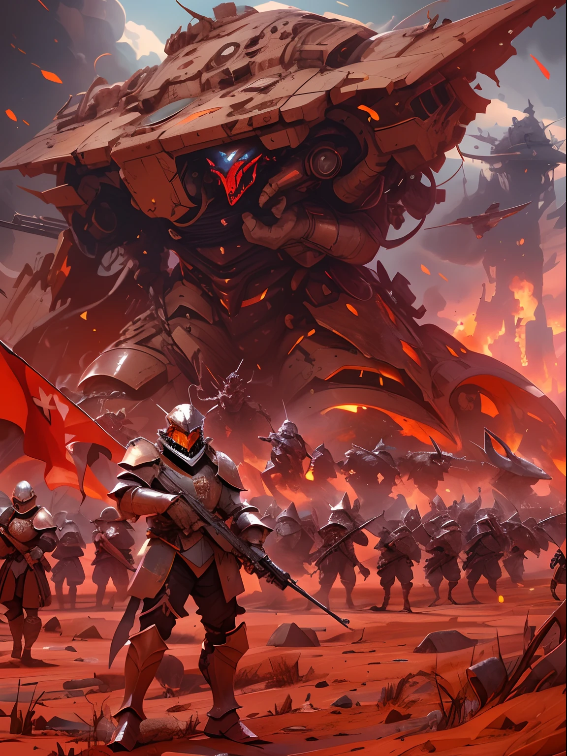 Future Battlefield, Alien Civilization War, Gunsmoke fills, A red flag was planted on a small mound, A soldier in armor, full armour, The background is the army of the SA, The picture is stunning, Magnificent, Magnificent, in the style of futuristic, Ultra-wide angle, Masterpiece, ccurate, Anatomically correct, Super detail, Award-Awarded