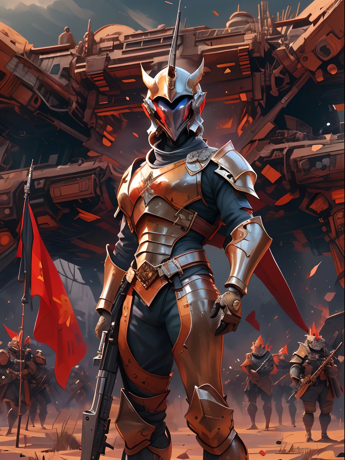 Future Battlefield, Alien Civilization War, Gunsmoke fills, A red flag was planted on a small mound, A soldier in armor, full armour, The background is the army of the SA, The picture is stunning, Magnificent, Magnificent, in the style of futuristic, Ultra-wide angle, Masterpiece, ccurate, Anatomically correct, Super detail, Award-Awarded