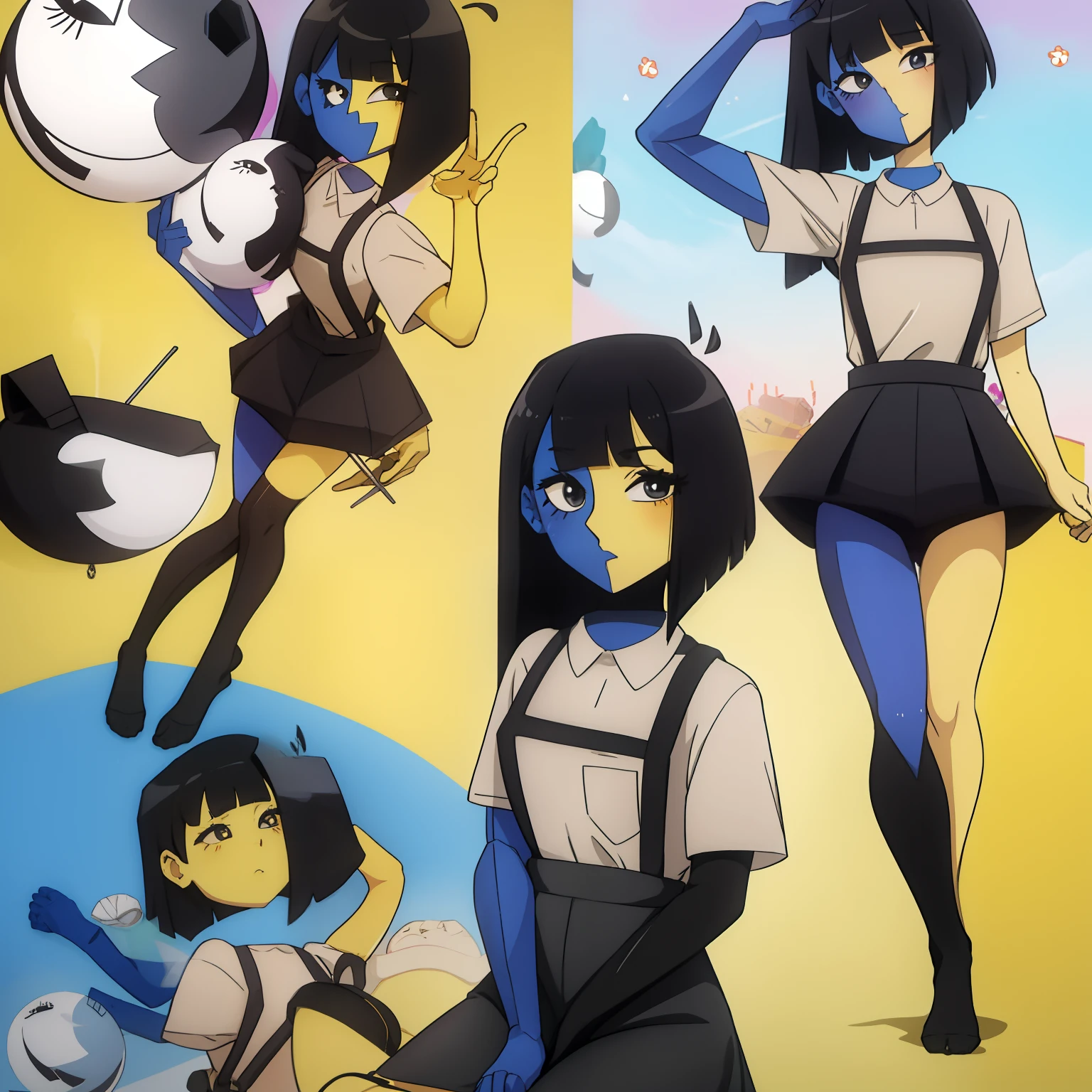 Ena (Joel G), 1girl, dual-colored body, (right side blue, left side yellow), long black hair with different length on either side, (right side of hair longer and straight, left side of hair resembles bob cut and covers left ear), two triangular ahoges, blunt cut bangs, diamond-shaped right eye with a eyelash down, half circle-shaped left eye, black eyes, beige collared t-shirt, black skirt with black overalls straps, single strap connecting the two other straps going across her chest, two black socks (one thigh-high on her right and one ankle sock on her left), grain effect over her right side and hair, front view, standing, perfect anatomy, better hands, portrait, anime style