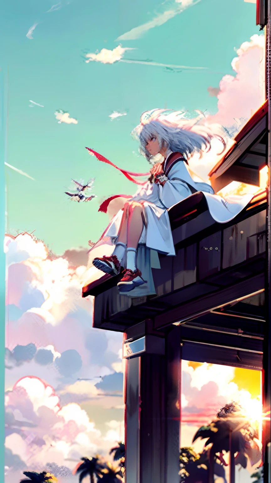 Chuck Original ， looking at the distance ， Hair fluttering in the wind， beautiful shot， serius face， rim-light， Arms down，with short white hair，long white robe，the sunset，lindo cenario， teenager，Sit on the eaves，white stockings，Wear shoes