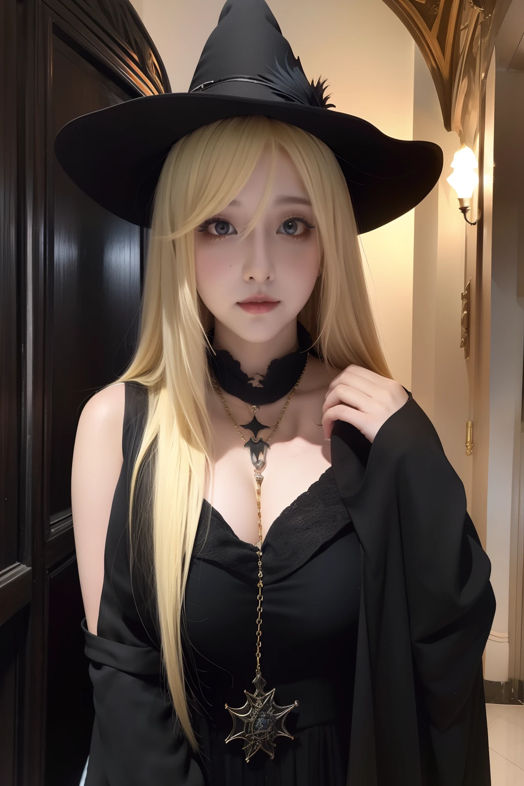 magia,Gothic magic style，hogwarts style，Blonde hair, Side face girl,A parrot on the shoulder,Black magic hat,Fantastic high quality。