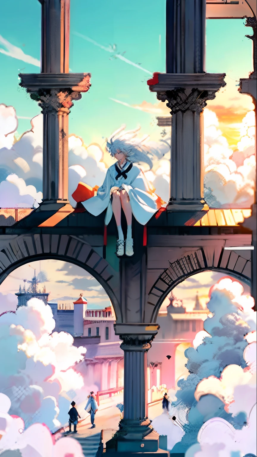 Chuck Original ， looking at the distance ， Hair fluttering in the wind， beautiful shot， serius face， rim-light， Arms down，with short white hair，long white robe，the sunset，lindo cenario，Teenage teenager，Sit on the eaves，white stockings，Wear shoes