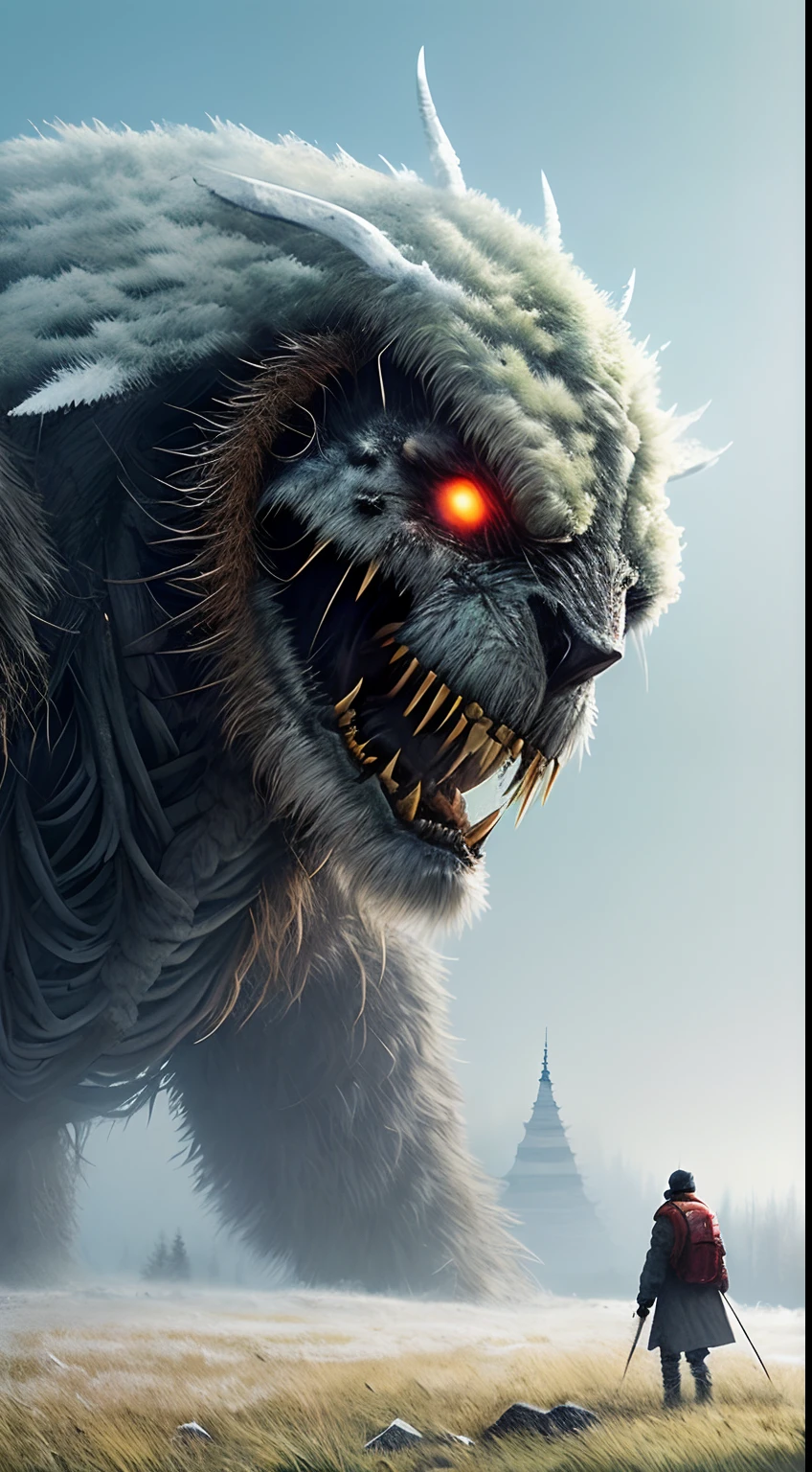 (Extreme close-up) photore (Scared:1.1) (snowfield:0.9), (tall grass:1.2), (A giant old dead alien beast:1.2), There is no light in the eyes，Silver light reflection，Falling snow, icing，(Pagodas, 12th century, 1.2),rays of sunshine, insanely details, Cinematic, epic realistic, Intricate details, ultra - detailed, High quality, primitive, author：Jakub Rozalski