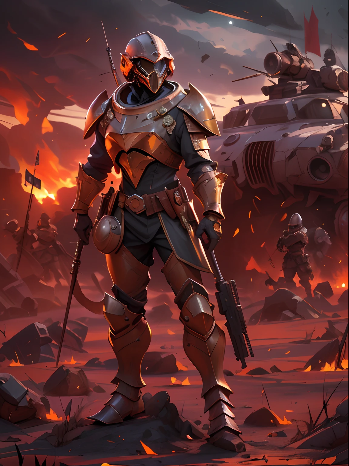 Future Battlefield, Alien Civilization War, Gunsmoke fills, A red flag was planted on a small mound, A soldier in armor, full armour, The background is the army of the SA, The picture is stunning, Magnificent, Magnificent, in the style of futuristic, Ultra-wide angle, Masterpiece, ccurate, Anatomically correct, Super detail, Award-Awarded