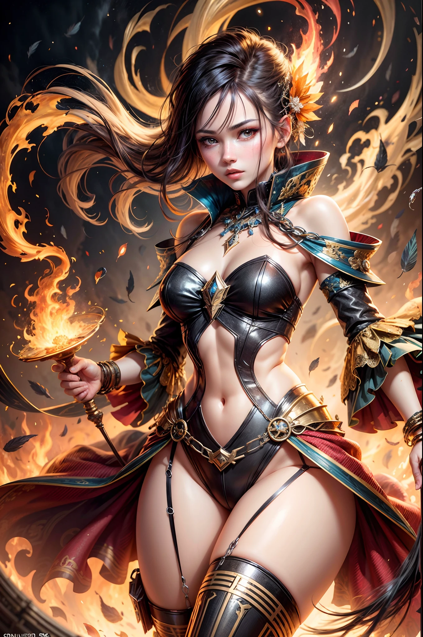 1girl, beautiful fire and lava goddess, detailed glowing eyes, detailed face, detailed skin,mature body, tall body,seductive body,medium breast, medium thigh, BREAK magma and volcano backgrounds, holding only one long golden fire magic staff, phoenix in sky, highly saturating fire beam, flame ceremony, BREAK fire balls, burning crown, countless of red and orange fire spark dazzling around, burning magic circle, burning fire chain, glowing red fire seeds and feather flying around, a lot of fire, fire emblem, detailed clothes, detailed jewelry, best quality, masterpiece, trending on Art station, Detailed,Realistic,4k highly detailed digital art,octane render, bioluminescent, BREAK 8K resolution concept art, realism,by Mappa studios,masterpiece,best quality,official art,illustration,ligne claire,(cool_color),perfect composition,absurdres, fantasy,focused,