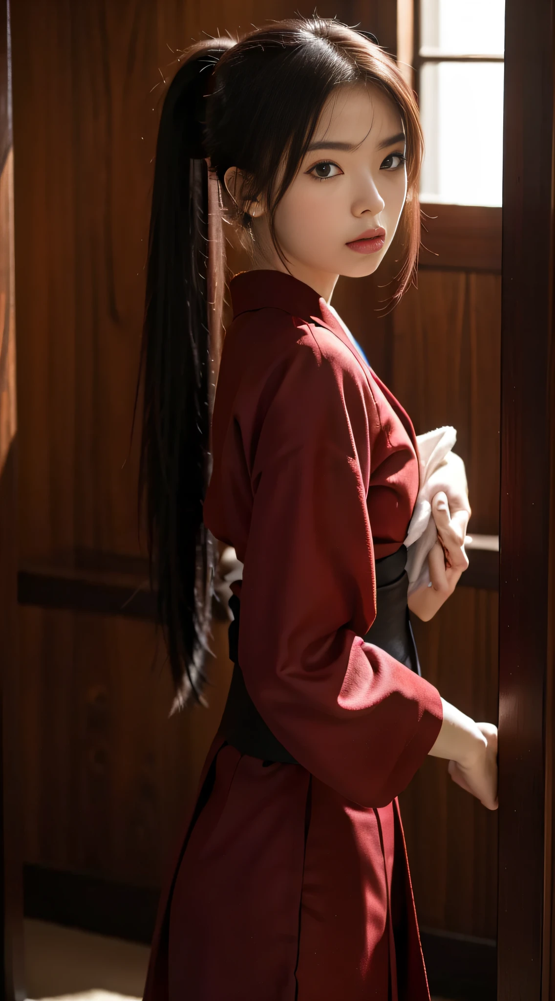 (masterpiece, best quality:1.2), solo, 1girl, erza scarlet, serious, looking at viewer, holding, katanaonehand, hair over one eye, ponytail, japanese clothes, sarashi, red hakama