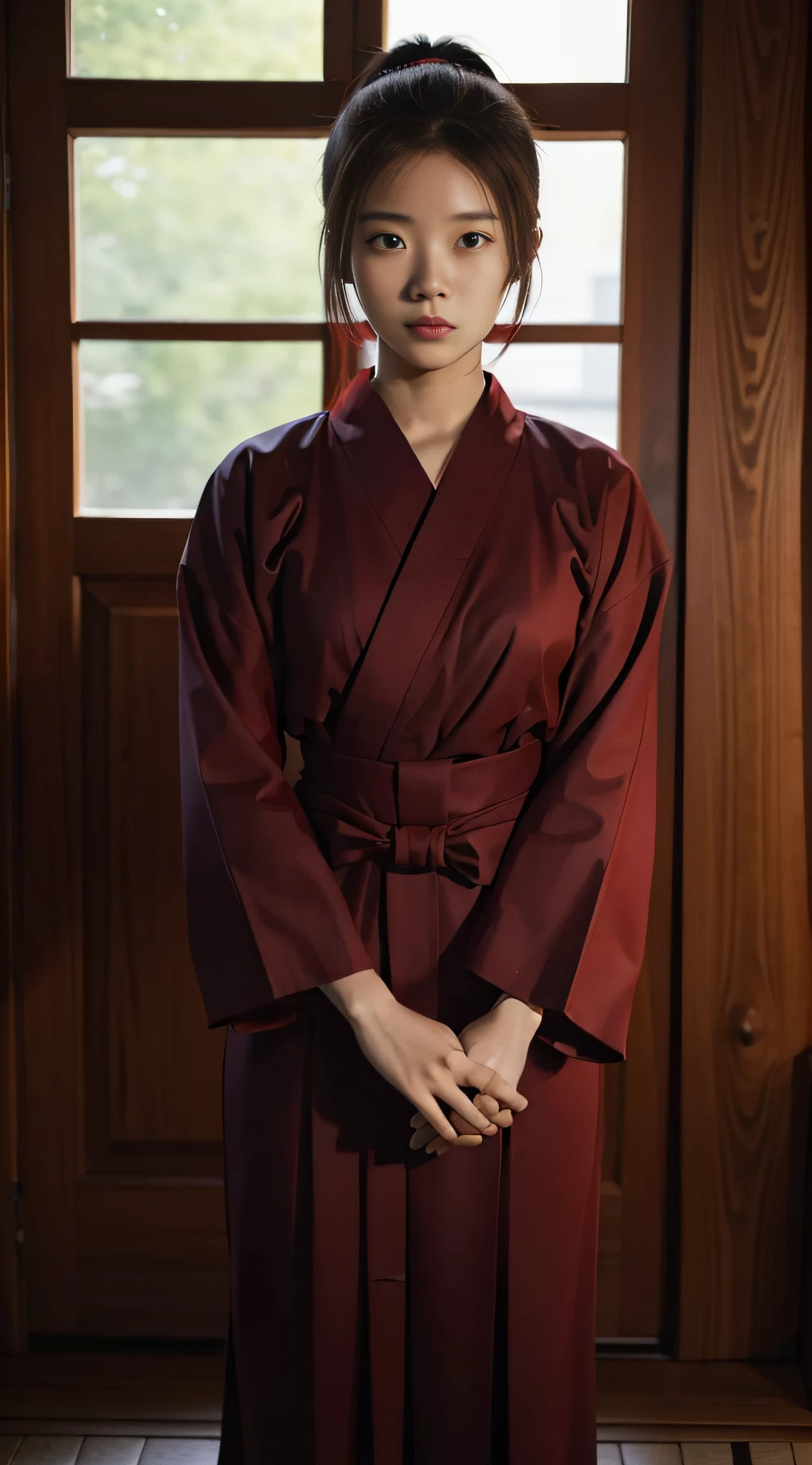 (masterpiece, best quality:1.2), solo, 1girl, erza scarlet, serious, looking at viewer, holding, katanaonehand, hair over one eye, ponytail, japanese clothes, sarashi, red hakama