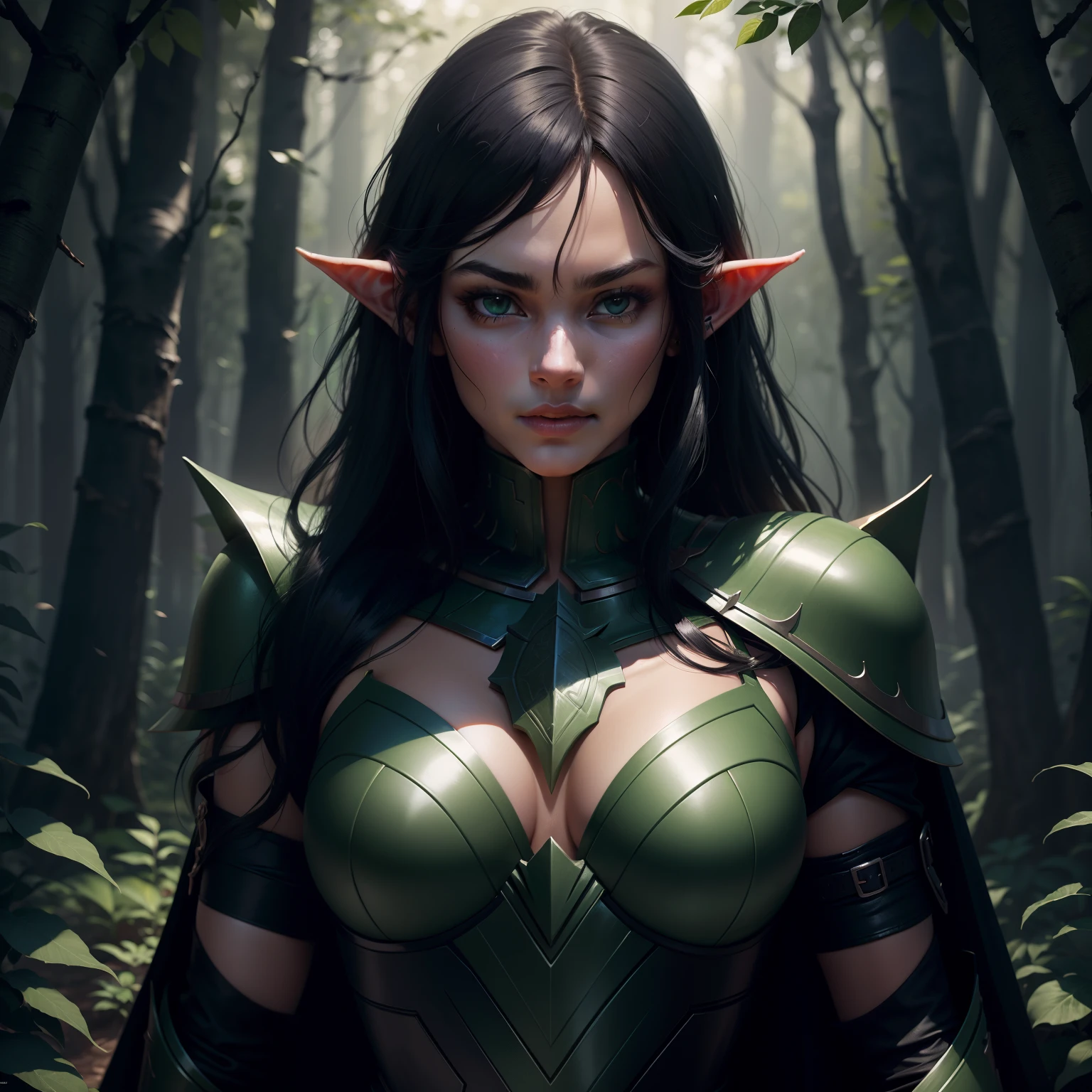 beautiful dark elf, pretty face, nice body, black hair, wearing armor, green cape, in a forest, at night, 8k, extremely detailed, ultra realistic