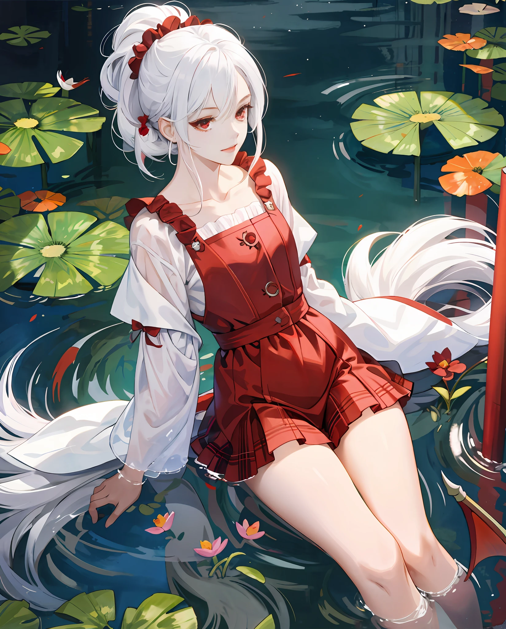 Superb masterpiece, Hair up, Fair skin, Girls' pajamas, White hair, Girl, Red eyes, Thigh clothing, coalescence, Super clear, face retouch, Pond background, Little Devil's Tail, Look at the audience shyly