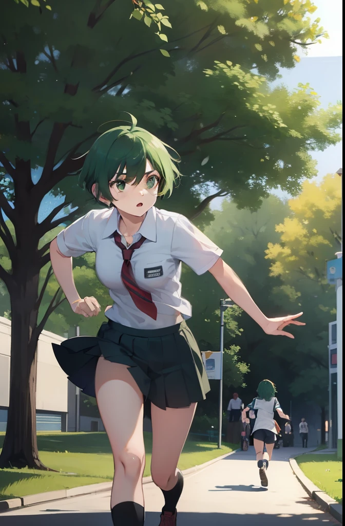 1 girl with short green hair and green eyes, running with POV arm, passing by a tree in the background, while many students walk towards the school.