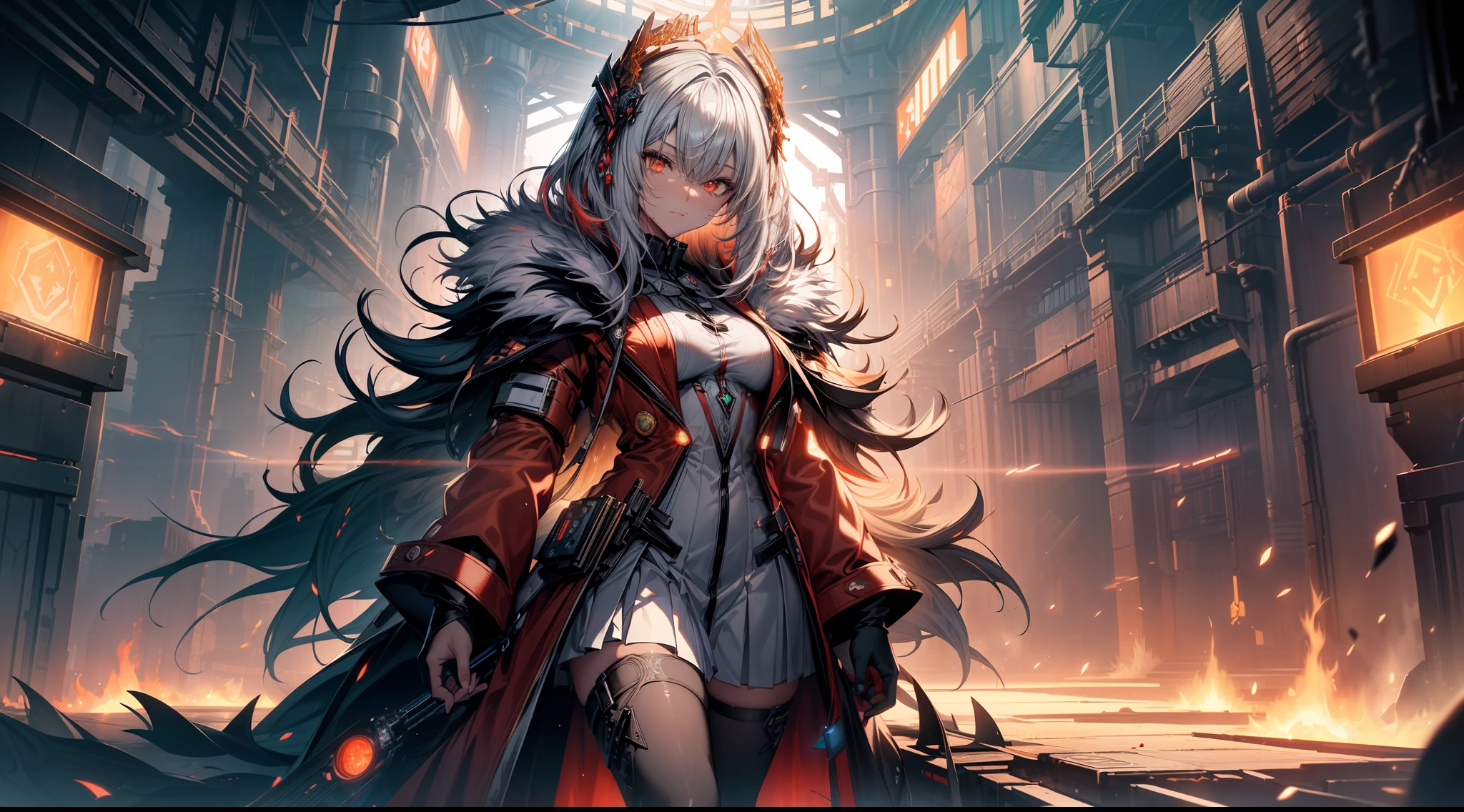 bright silver futuristic goddess girl in coverall ((bloody-red pleated skinny suit)) with (golden lines) accents (((skirt))) (((goddess robe with long sleeves))) with fireball, (crop robe), (runes on skin), seductive laying, cozy bedroom, sofa, epic, elite, ((lacy)), futurism, cyberpunk, silk, fur, (stockings), decollete, natural breasts, slim body, zettai ryouiki, ((((medium length hair)))), (two shades gradient silver-hair) and red highlight streak in hair, (beautiful detailed bright ((glowing)) flaming fire eyes), portrait, (beautiful and aesthetic:1.2, fractal art:1.4), most realistic, hyper-realistic, RAW, highest quality, best quality, Detailed, Realistic, 4k highly detailed digital art, octane render, bioluminescent, (cool_color), best pixels, 8k ultra, extremely detailed CG unity 8k wallpaper, cinematic lighting
