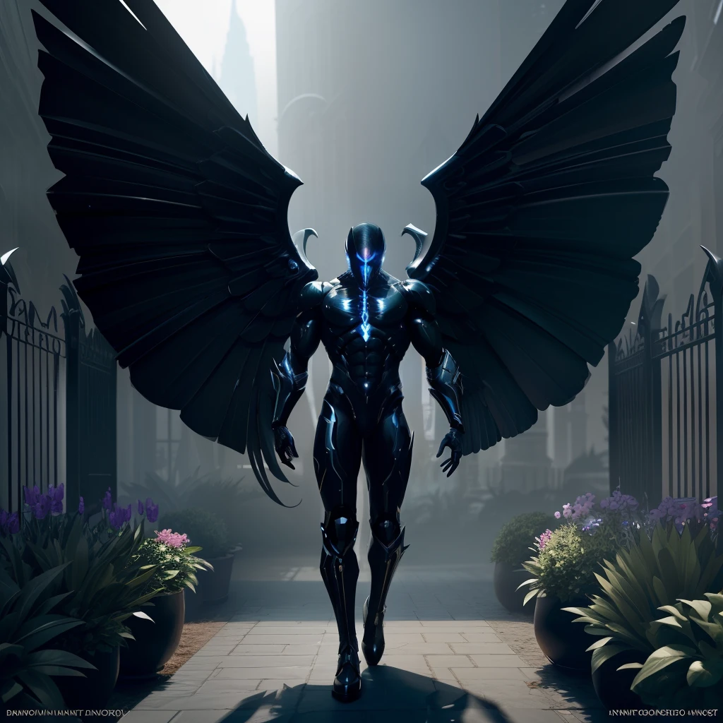 a black (noir) faceless humanoid male with giant wings, semi naked, muscular, in a colorful garden, garden background, horror entity with wings, male aeromorph, symmetrical epic dark fantasy creature, huge wings, wispy gigantic wings, dark feathered wings, winged boy, massive wing, (best quality), (masterpiece), no clothing, no horns, 4k, high detailed, cinematic , digital art, trending artstation