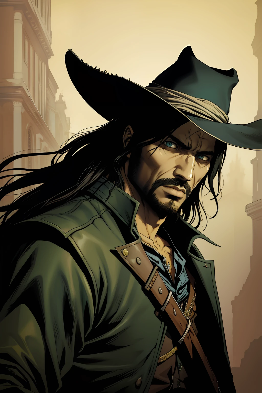 pintura de um homem, olhos abertos, olhos verdes esmeralda, olhos detalhados Escuro, o realista Solomon Kane, as a solomon kane, portrait of a bloodborne hunter, Tim Bradstreet, Arte Sangrenta, oeste estranho, Jessé McCree, Directed by: Hiroyuki Tajima, terras mortas, Pistoleiro, Fazer software, Directed by: Yoshihiko Wada, Leiji Matsumoto, Estilo de arte Red Dead Redemption