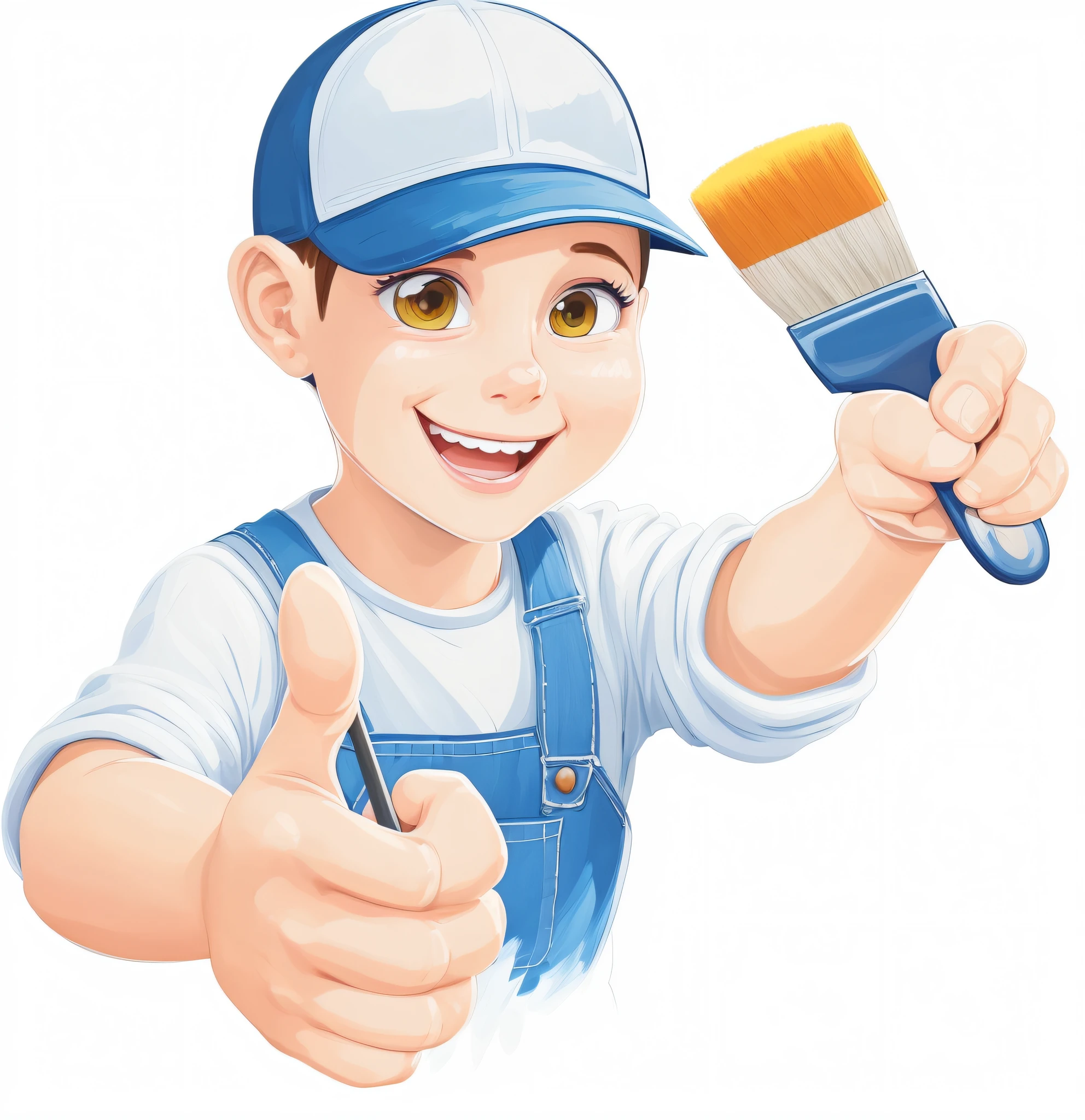 a cartoon boy in overalls holding a brush and giving a thumbs up, pintura profissional, trabalhos de pintura profissional, Pintores, mestre pintor, professional illustration, pintor premiado, Melhor Pintor do Mundo, hd illustration, professional illustration, Doendo, pintura ditigal, fino acabamento, pintura de alta qualidade, paitning fantasia, High quality illustration, sem fundo, imagem vetorizada