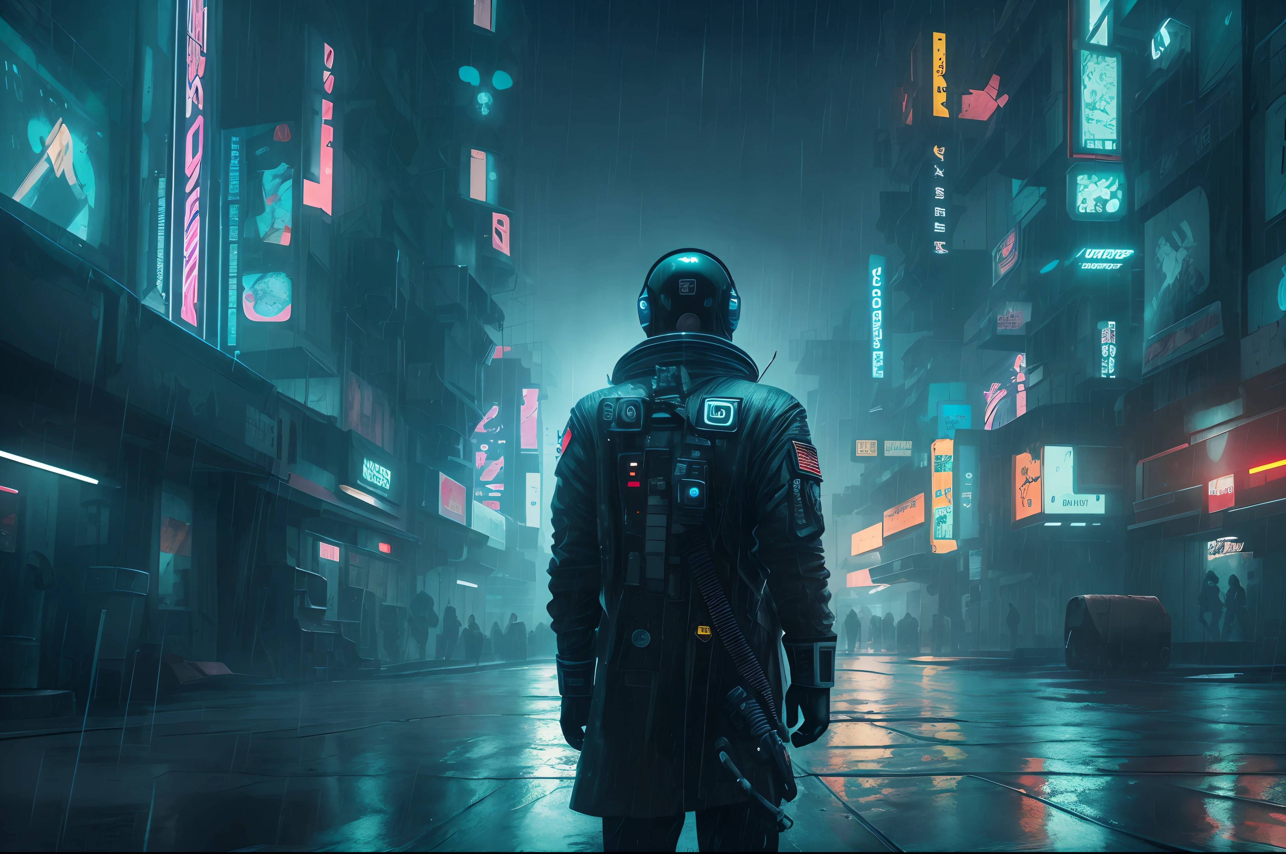 a space pilot wearing a black uniform walking on a rainy night down a dirty, futuristic Blade Runner-style, cyberpunk-style street, big building signs, hyper quality, Ultra HD, --auto --s2