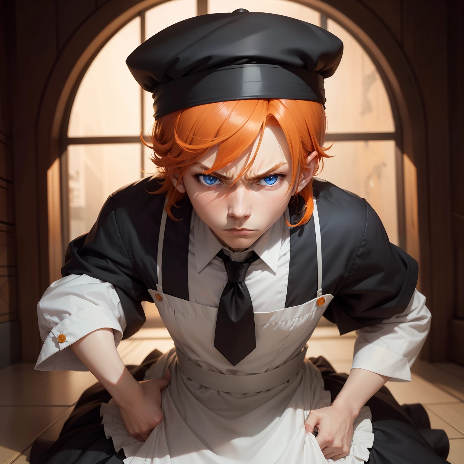 Orange hair、Blue eyes、male 、anime styled、Tie your hair low、wearing a maid outfit、Black hat、Angry look、