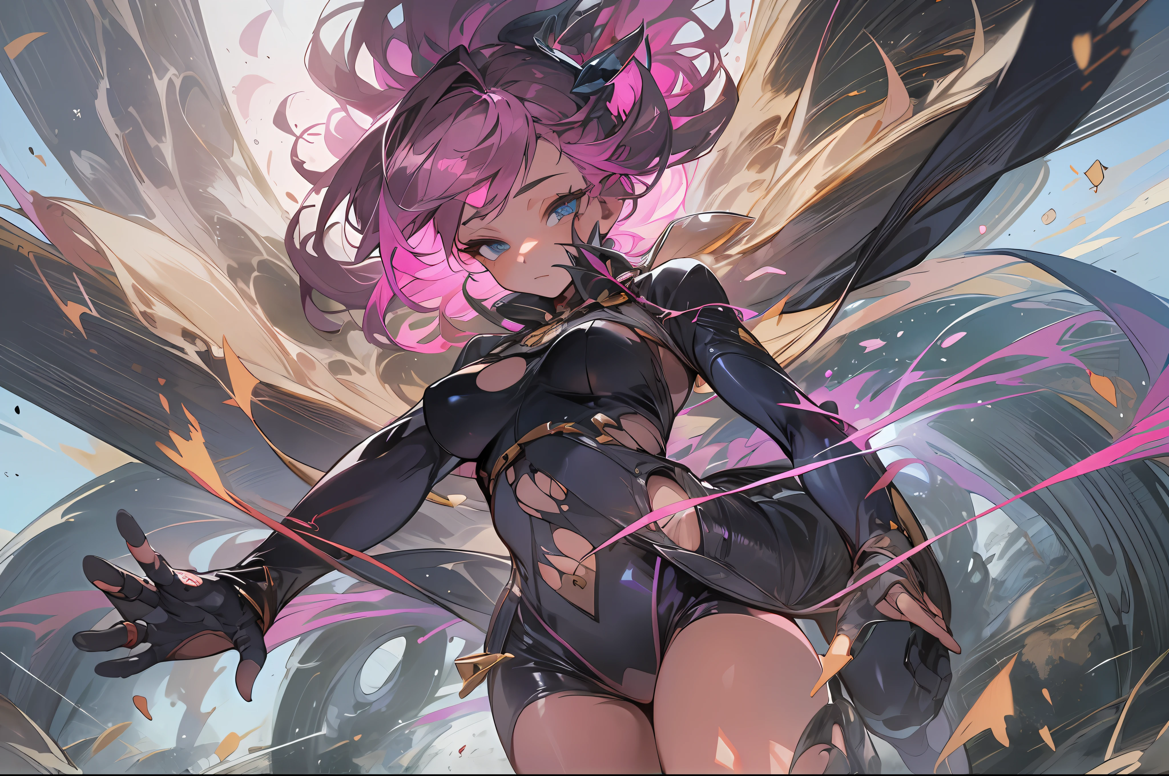 high-level image quality、top-quality、Detailed drawing、Does not blush cheeks、Slender beauty、full body Esbian、Docile、ninjartist、Kunoichi、Suku Swimsuit、Small eyes、Smaller chest、Contrasty、ultra-short hair of pink color、Bery short hair、Holding a kunai in both hands、Battle Scene Pose、fighting poses、Holding a sword in both hands、With mask、Cladding、nightcity