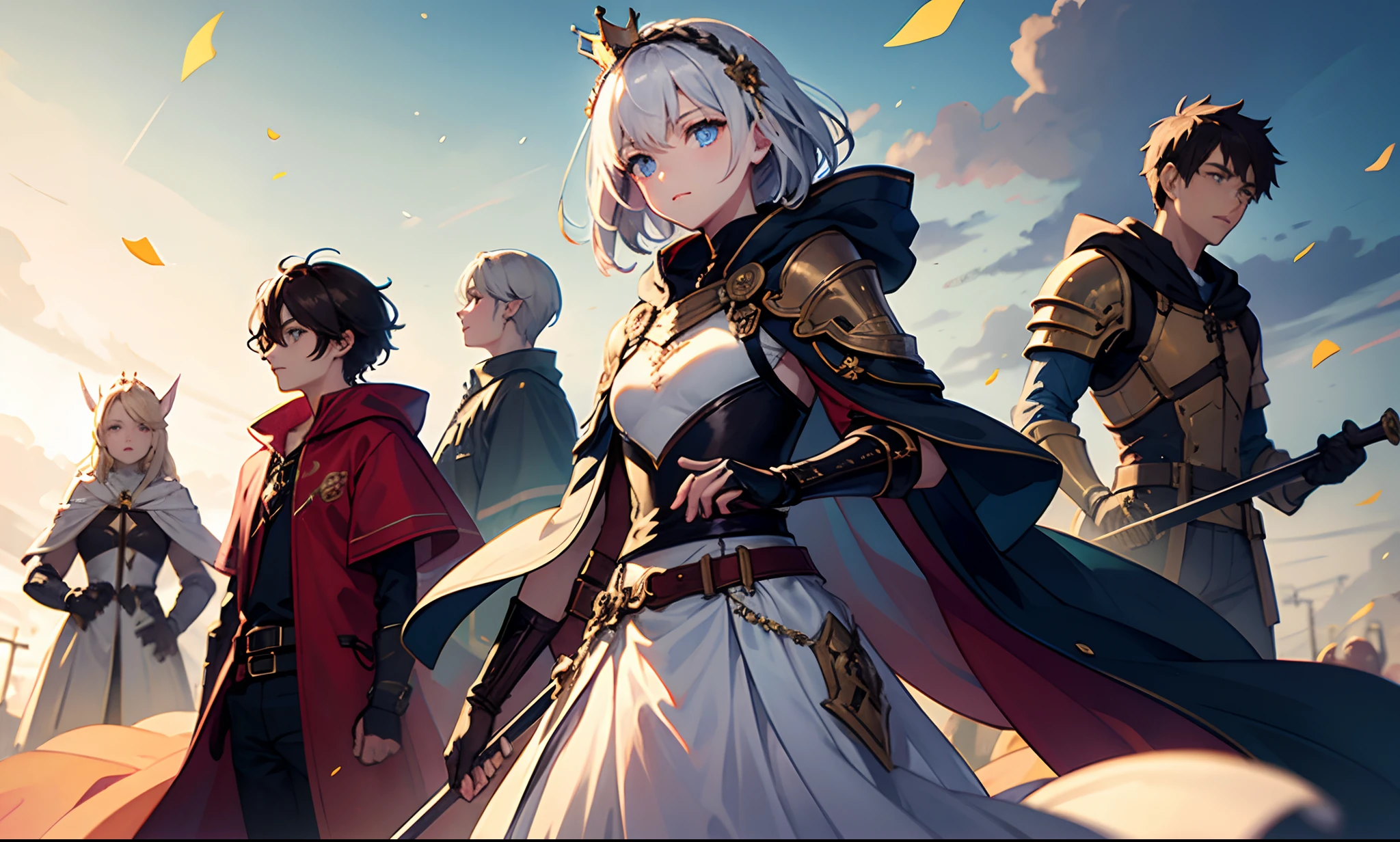 (masterpiece, top quality, best quality, official art, beautiful and aesthetic:1.2),weapon, sword, holding, multiple girls, blue eyes, long hair, looking at viewer, armor, fingerless gloves, holding weapon, gloves, holding sword, standing, hair ornament, bangs, multiple boys, capelet, 6+girls, braid, dress, black gloves, own hands together, serious, glowing, closed mouth, backlighting, long sleeves, shoulder armor, short hair, hair flower, floating hair, white hair, flower, white dress, belt, robe, hair between eyes, crown braid, 6+boys, brown hair, gauntlets, jewelry, pauldrons, hands on hilt, hood, two-handed, wide sleeves, light particles
