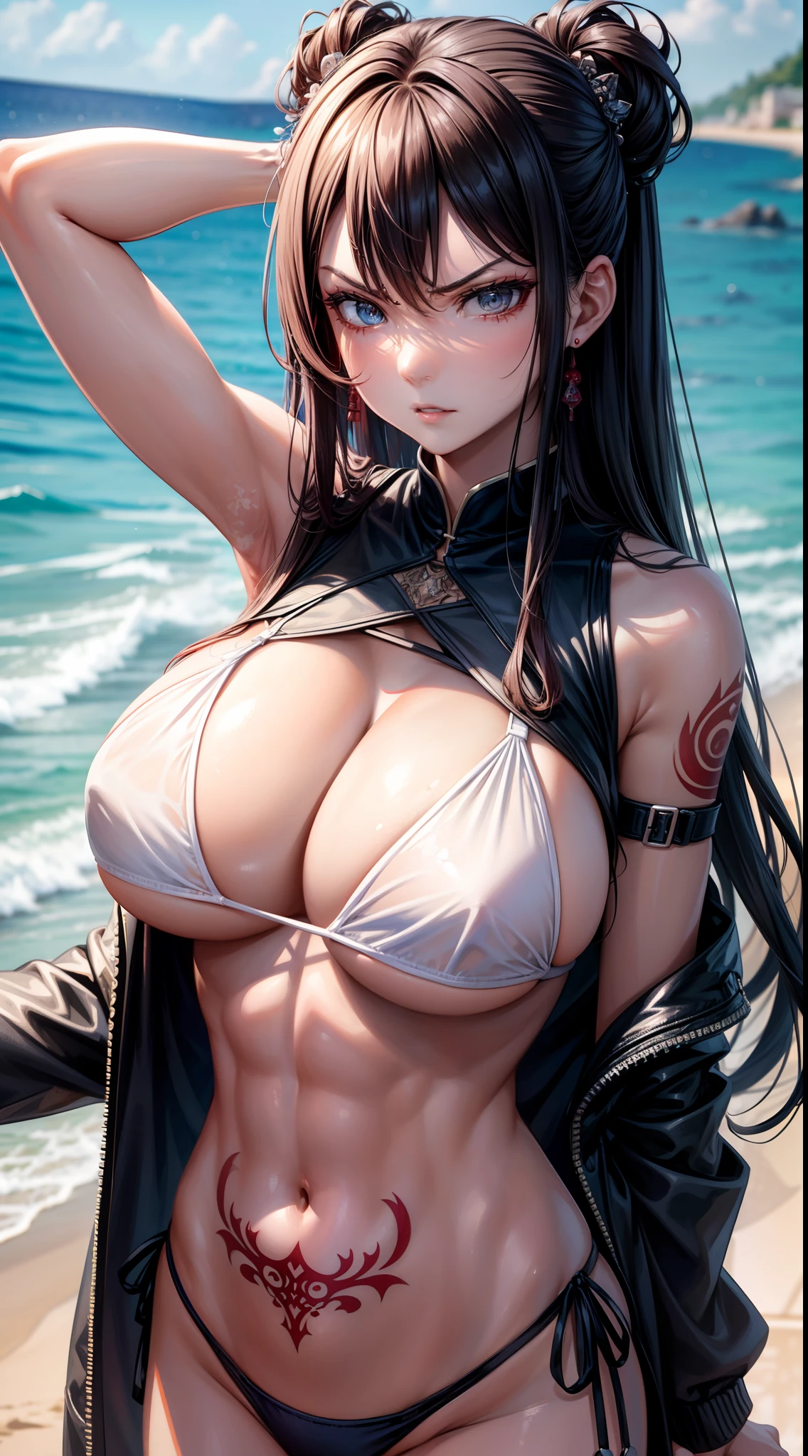 Women wearing transparent bikinis,Breast patches,Exposed clothing,Sensual and alluring,best qualityer,Red-faced,超高分辨率,tmasterpiece,delicated,Shocking,High gloss,ultra - detailed,Complicated details,8K,aquarelle,Panties are gone,Take off your bikini top,desire tattoo,Bigchest(D),angry look,quadratic element,huge tit,Raised chest,Close-up of the lower body,Transparent texture,Wet all over,watercolor paiting,Muscular female,Large areola,Muscle lines are pronounced。
