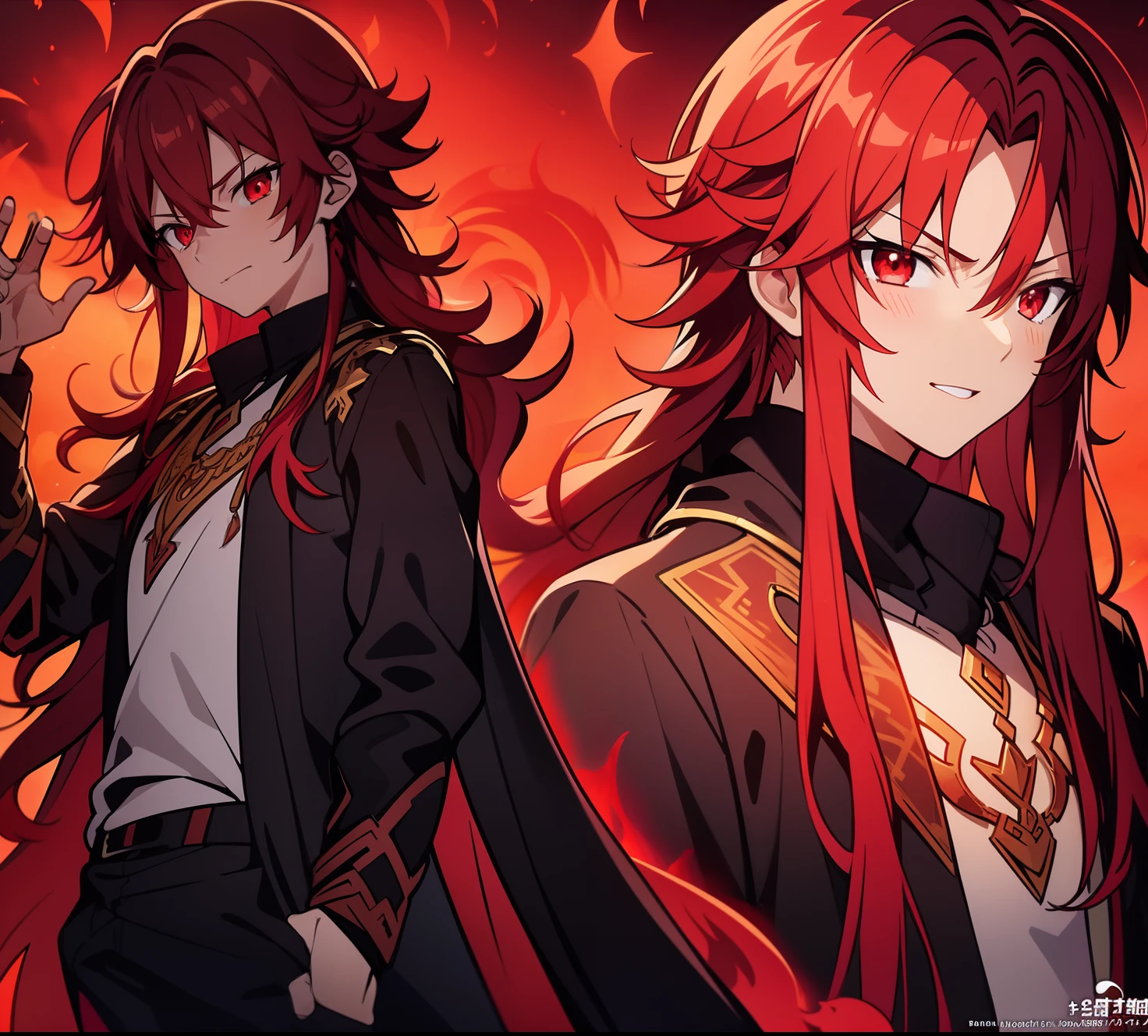 1 boy, long wavy red hair, red eyes, fire background, cold demeanor, charismatic, elegant, HD, high quality, noble, red cape