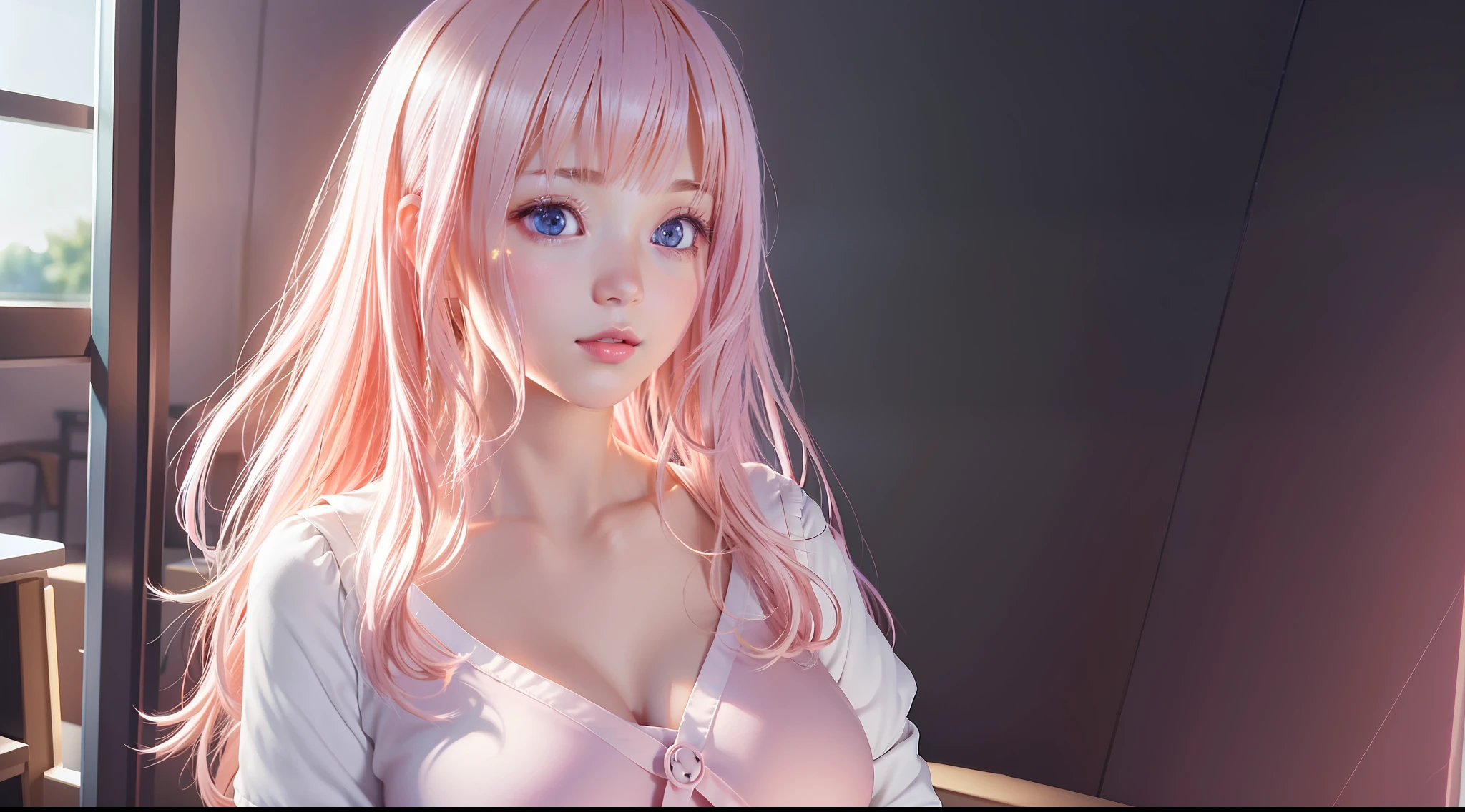 focused upper body, 1 girl, chika fujiwara, big bust, sparkling eyes, (((classroom background))), Colorful beautiful girl: light pink hair, nice perfect face with soft skinice perfect face, intricate detail, splash screen, 8k resolution, masterpiece, artstation digital painting smooth, 8k resolution photorealistic masterpiece, professional photography, natural lighting, volumetric lighting maximalist photoillustration: by marton bobzert