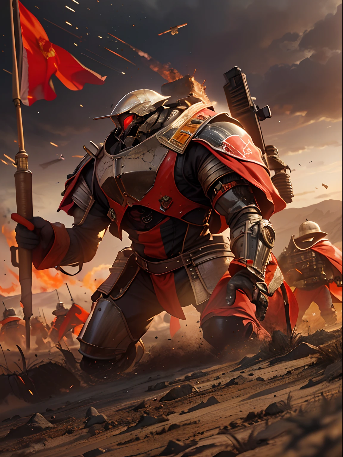 Future Battlefield, Alien Civilization War, Gunsmoke fills, A red flag was planted on a small mound, A soldier in armor, full armour, The background is the army of the SA, The picture is stunning, Magnificent, Magnificent, in the style of futuristic, Ultra-wide angle, Masterpiece, ccurate, Anatomically correct, Super detail, Award-Awarded
