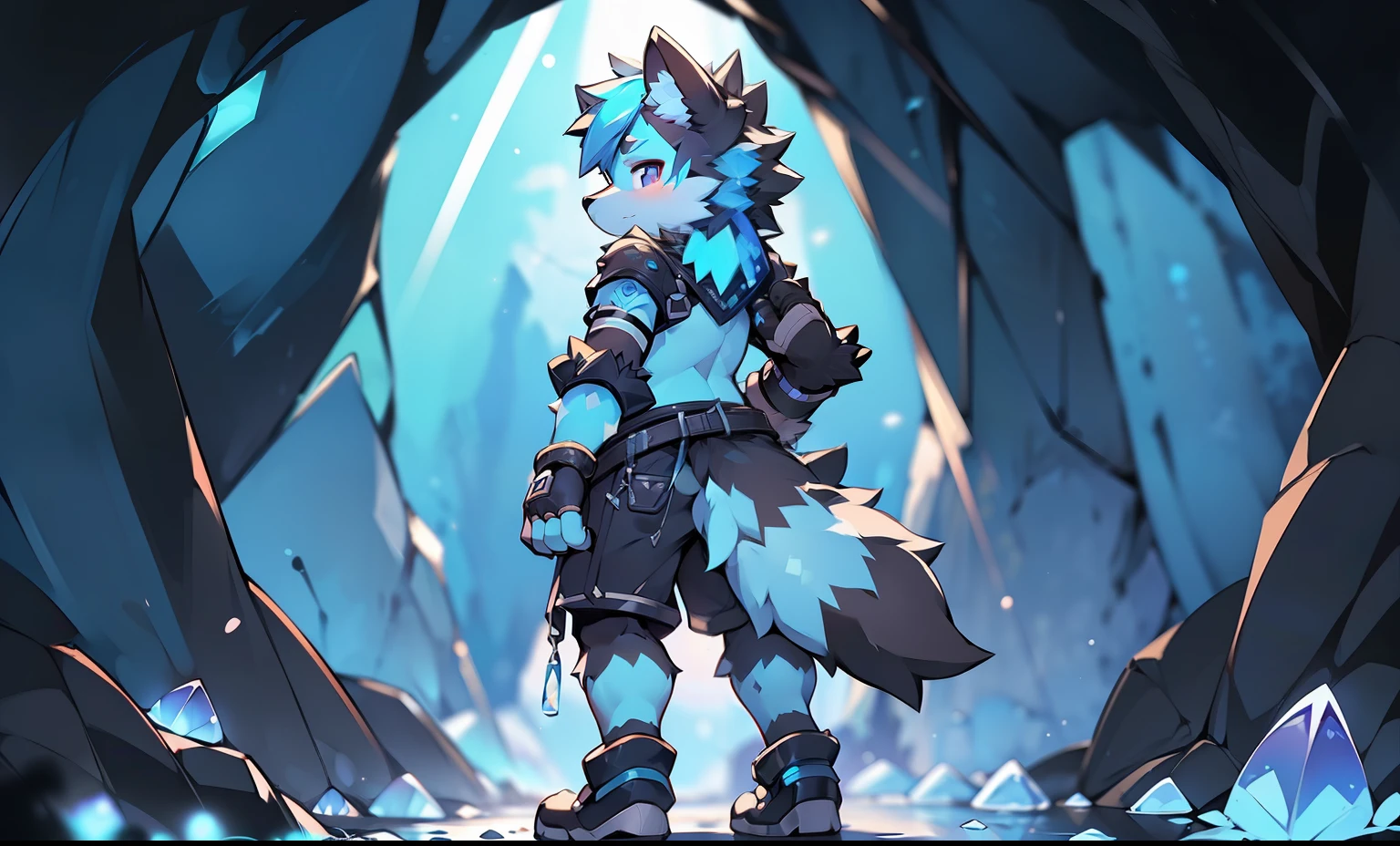 A wolf，((Shota))，(((Wear black fingerless gloves)))(cyanhair)，((solo person))，Fluffy，((Standing in a cave))，(Illuminated by magical lights)，((There are a lot of blue crystals around her))，((Extreme light and shadow))，(((Back shadow)))，(((Dark)))