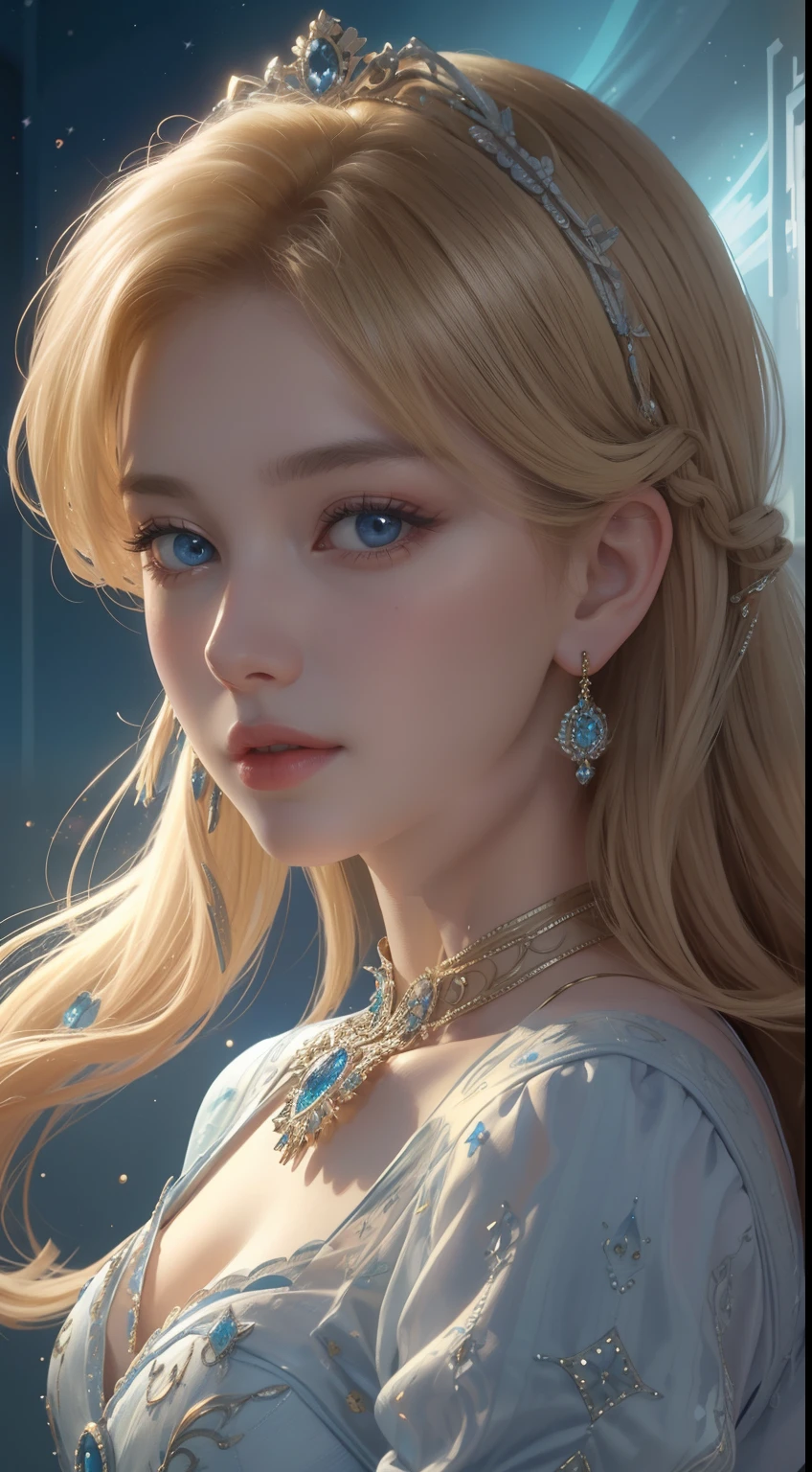 tmasterpiece,Highest image quality,Beautiful bust of a royal lady,Delicate blonde hairstyle,blue eyes,Embellished with a dazzling array of intricate jewelry,super detailing,upscaled。