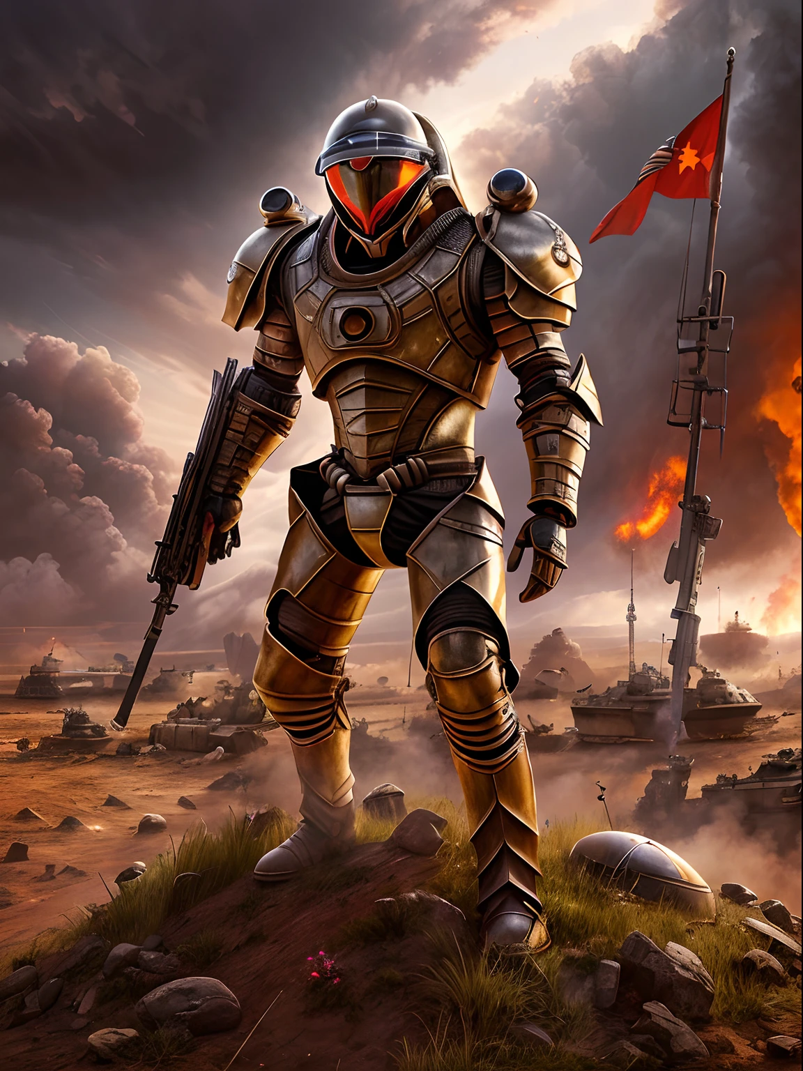 Future Battlefield, Alien Civilization War, Gunsmoke fills, A red flag was planted on a small mound, A soldier in armor, full armour, The background is the army of the SA, The picture is stunning, Magnificent, Magnificent, in the style of futuristic, Ultra-wide angle, Masterpiece, ccurate, Anatomically correct, Super detail, Award-Awarded