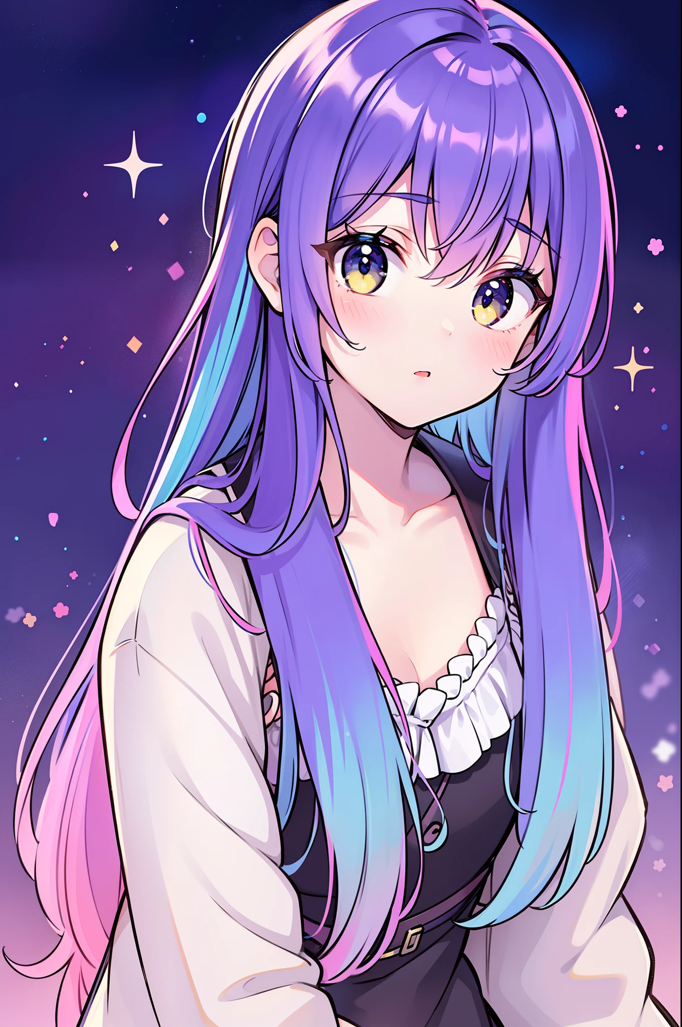 1girl, solo, cute, long light blue hair, classic bangs, rainbow streaks in hair, colorful saturated streaks in hair, saturated streaks in hair, blue red purple pink and yellow streaks, colorful eye color, white clothes,