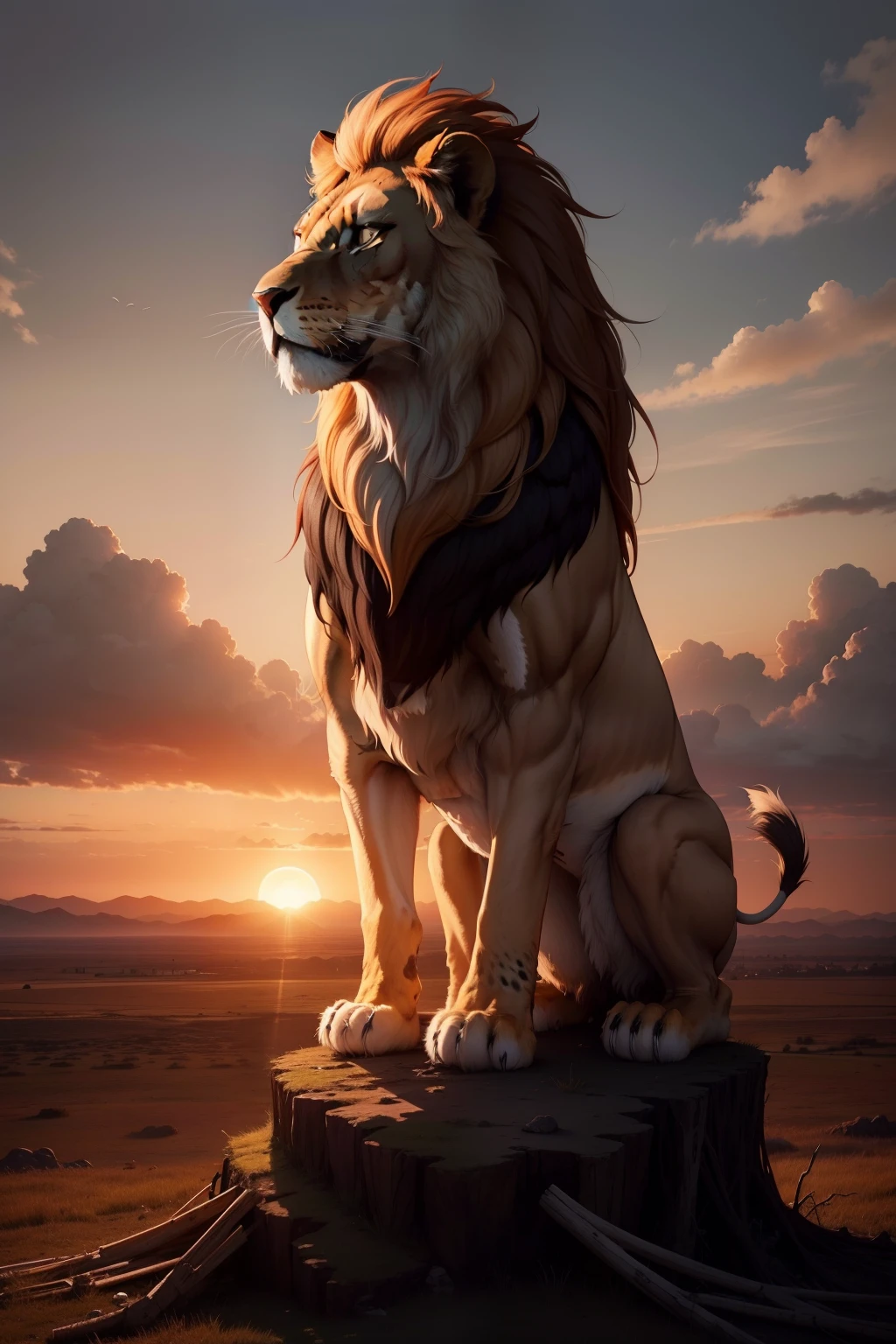 Best quality, hyperrealistic,  masterpiece, ultra high res, (photorealistic:1.4),there is a man sitting with a lion, uplean on the lion, beautiful nice lion, photo manipulation, realistic picture, realism art, realistic illustration, 1man friend of lion, full body, ((Ultra HD resolution)), ((scenic)), ((Beautiful environment)), (global illumination), (dramatic)