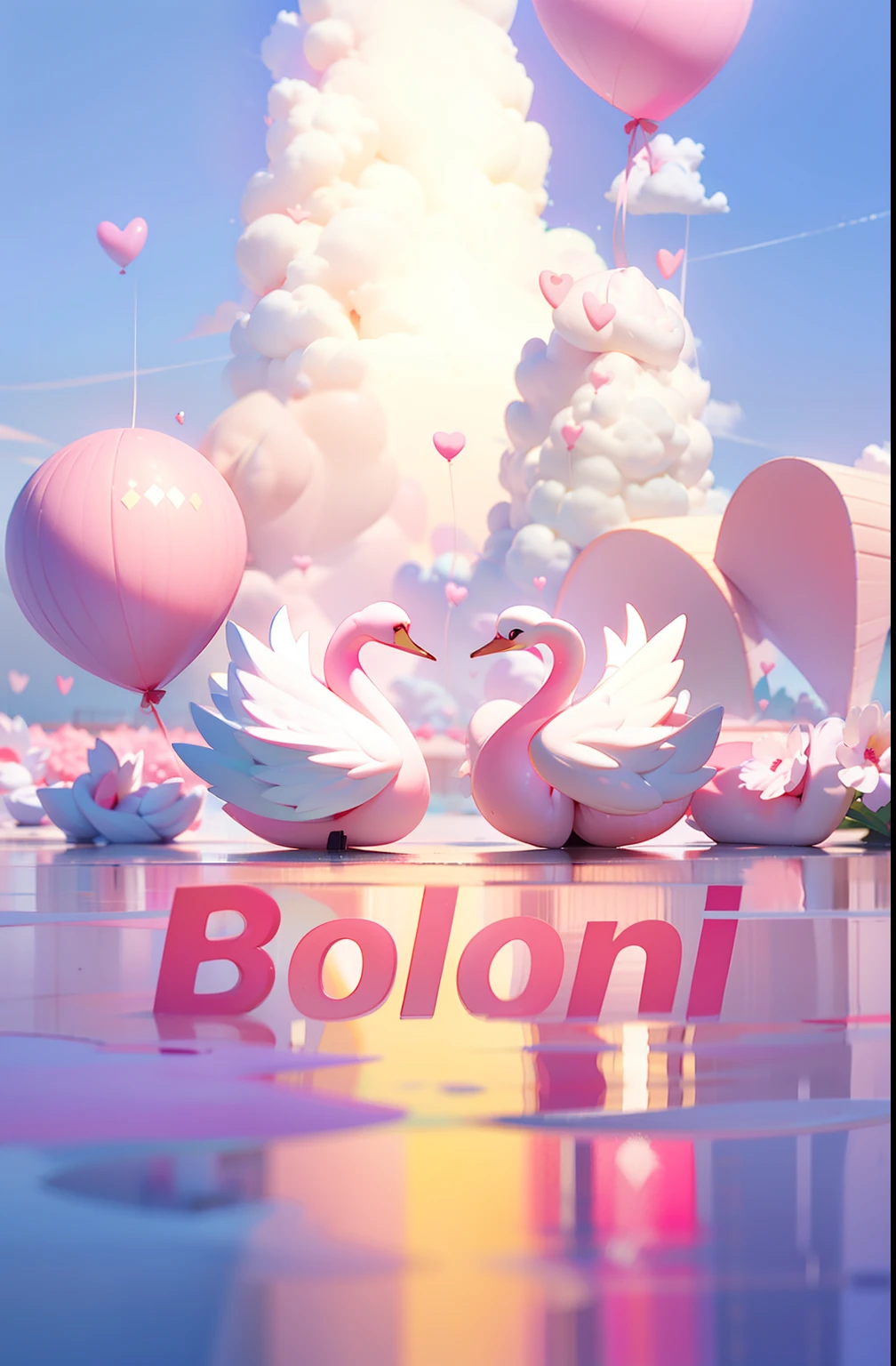 Anime scenery of pink swans floating in a lake with pink heart-shaped balloons, concept art of love, 3 d render beeple, trending on cgstation, 3 d render stylized, artem demura beeple, Beautiful digital artwork, recusion beeple, trending on artstation 4k, 🌺 CGSesociety