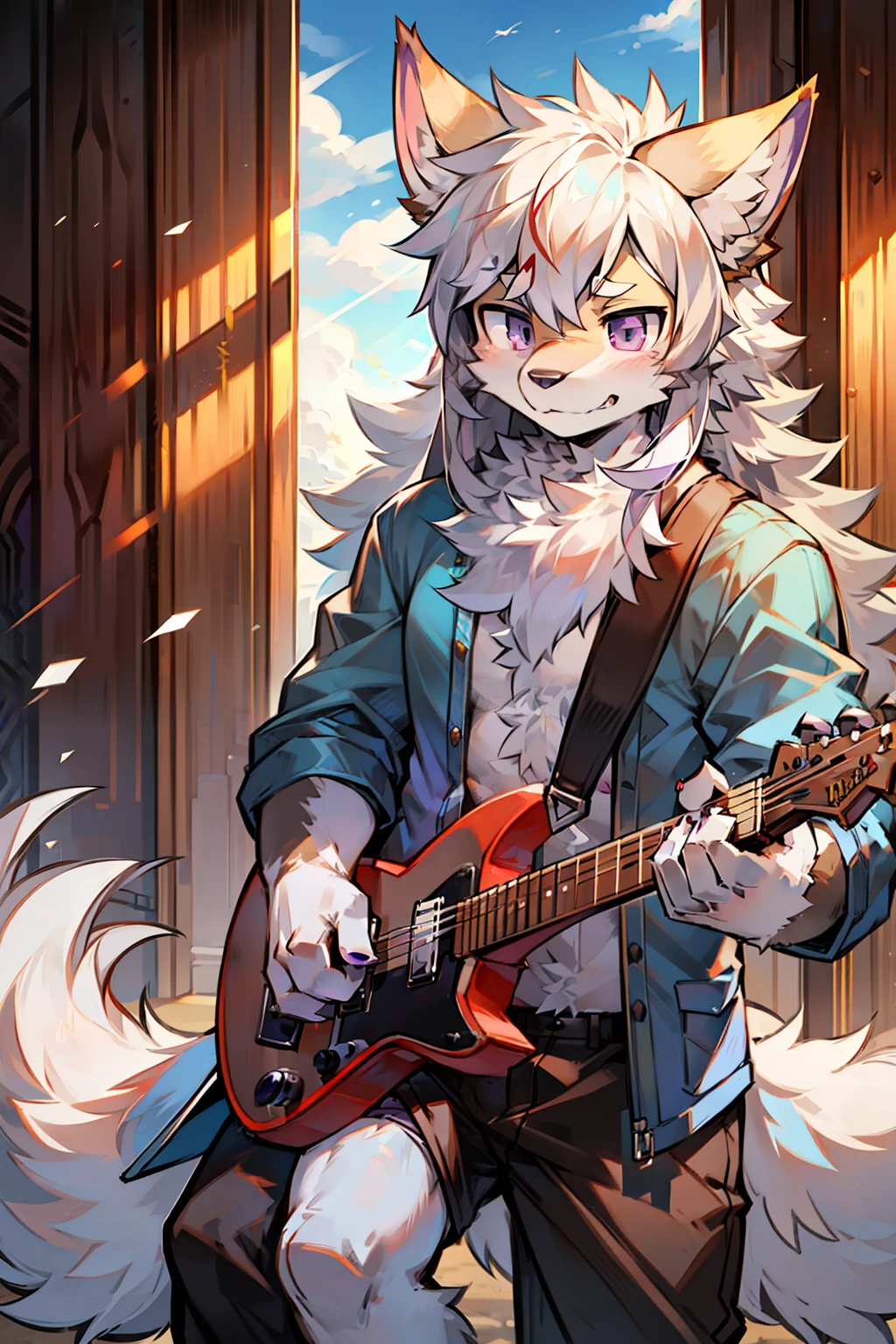 solo person,shaggy male,hairy bodies,shoun,coyote,canid,Gray fur,long white hair,The ends of the hair are purple,Purple eye,Bullied,adolable,Handsome,large tail,full bodyesbian,plays the guitar,Summer outfits,freshen,rays of sunshine,with dynamism