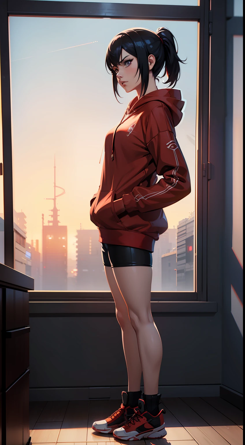 here is a woman standing in a bedroom, realistic anime 3 d style, smooth anime cg art, artgerm and atey ghailan, cyberpunk anime girl in red hoodie, digital anime illustration, artwork in the style of guweiz, photorealistic anime girl render, painted in anime painter studio, high quality portrait, urban girl fanart