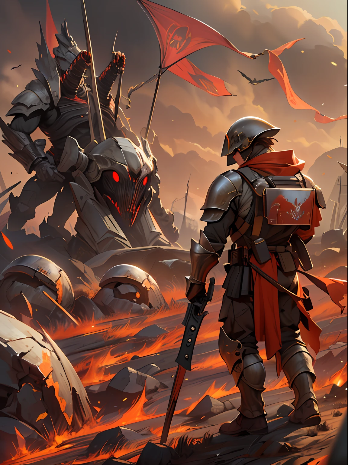 Future Battlefield, Alien Civilization War, Gunsmoke fills, A red flag was planted on a small mound, A soldier in armor, full armour, The background is the army of the SA, The picture is stunning, Magnificent, Magnificent, in the style of futuristic, Ultra-wide angle, Masterpiece, ccurate, Anatomically correct, Super detail, Award-Awarded