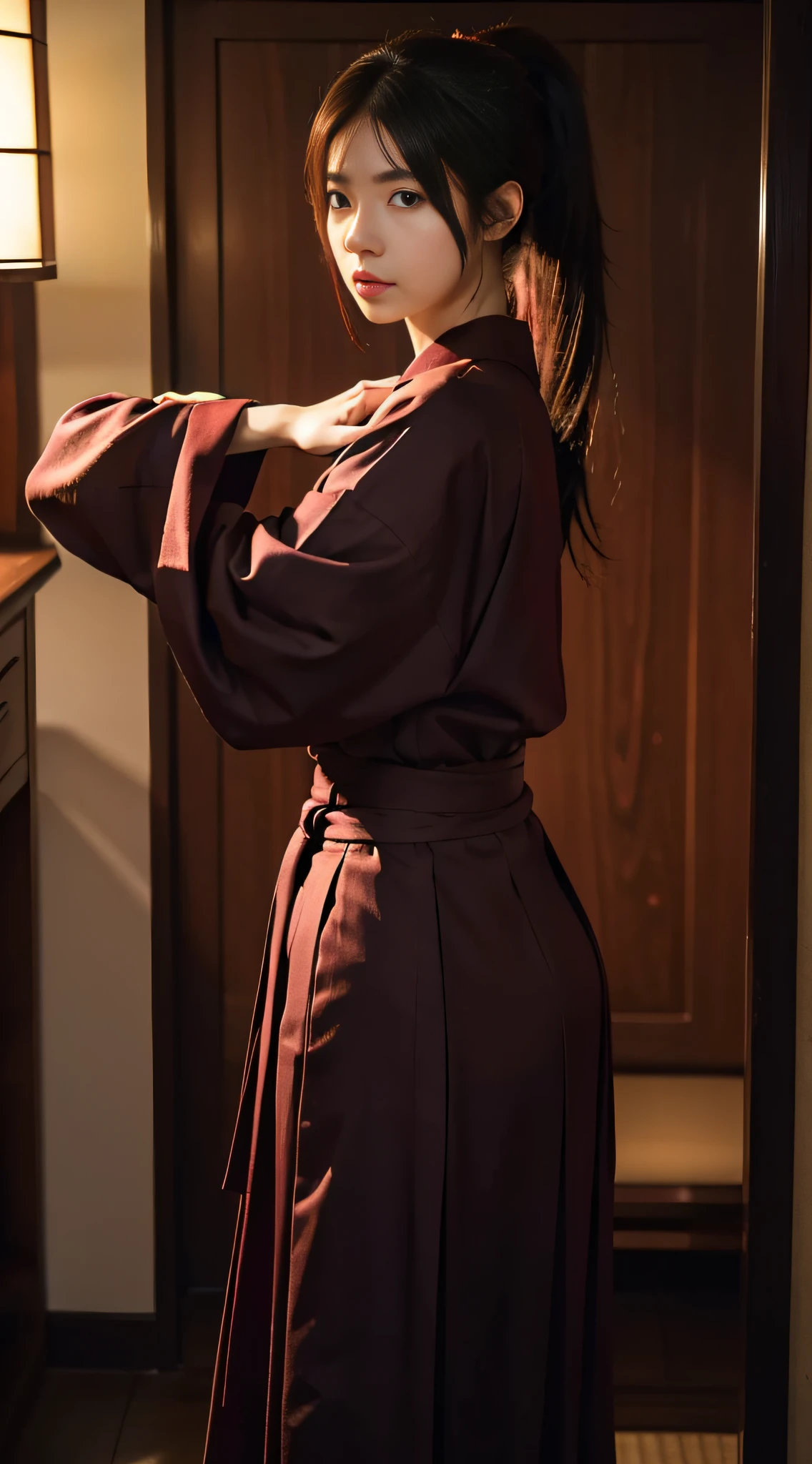 (masterpiece, best quality:1.2), solo, 1girl, erza scarlet, serious, looking at viewer, holding, katanaonehand, hair over one eye, ponytail, japanese clothes, sarashi, red hakama